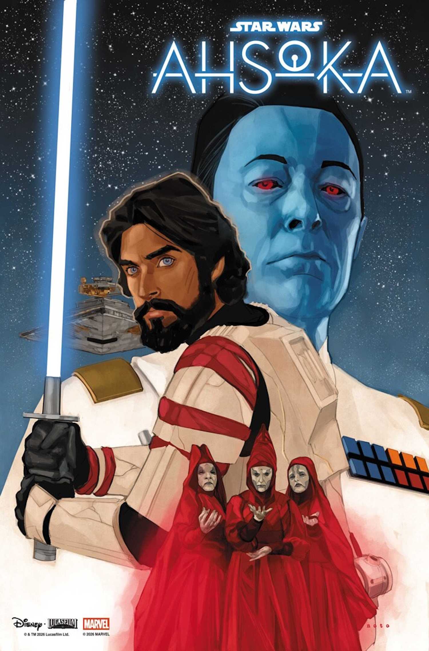 Ezra wearing stormtrooper armor and holding a lightsaber, with Thrawn behind him, and small Nightsisters in front of him