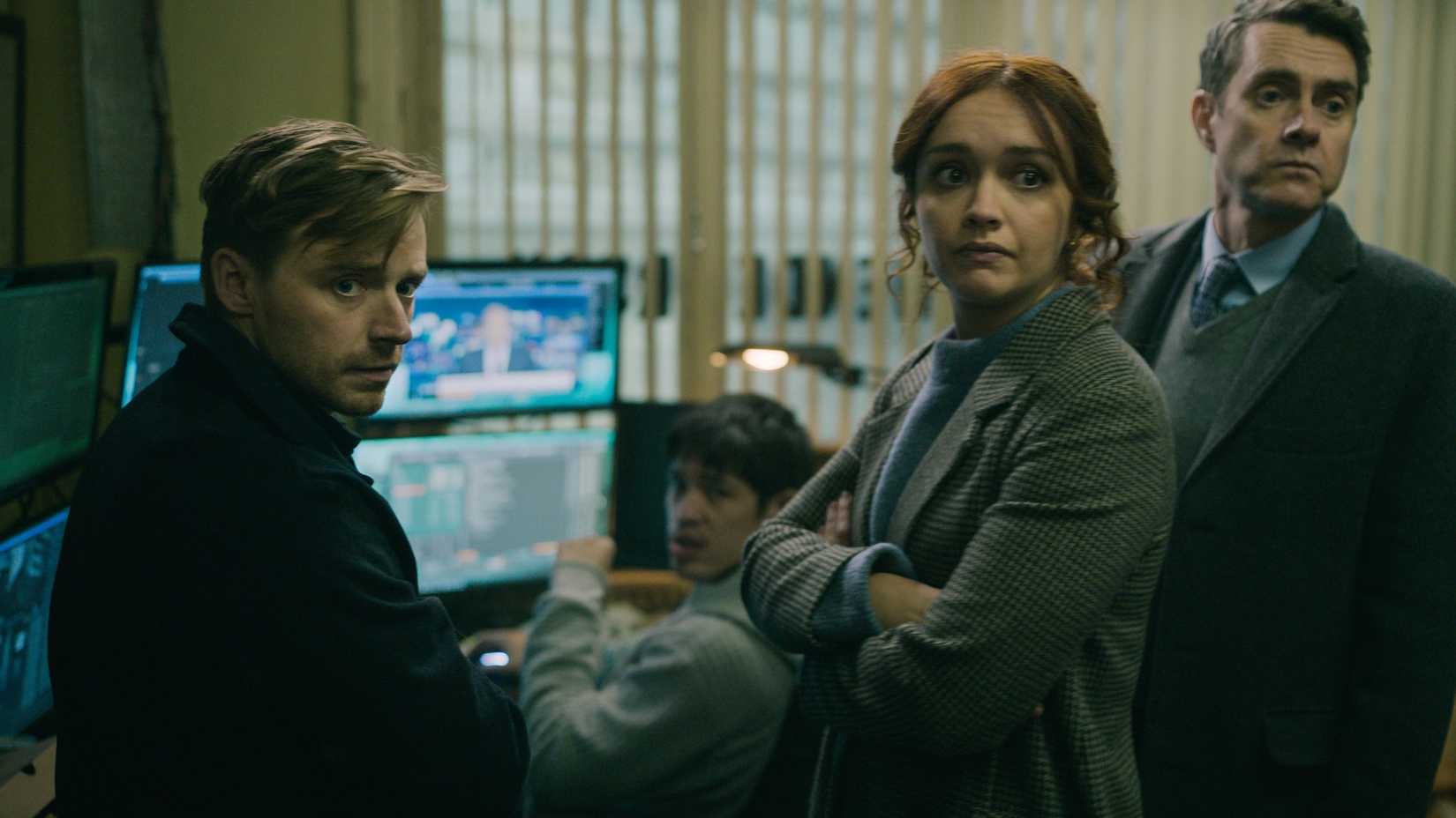 Olivia Cooke as Sid gathered with other Slough House agent in Slow Horses season 1