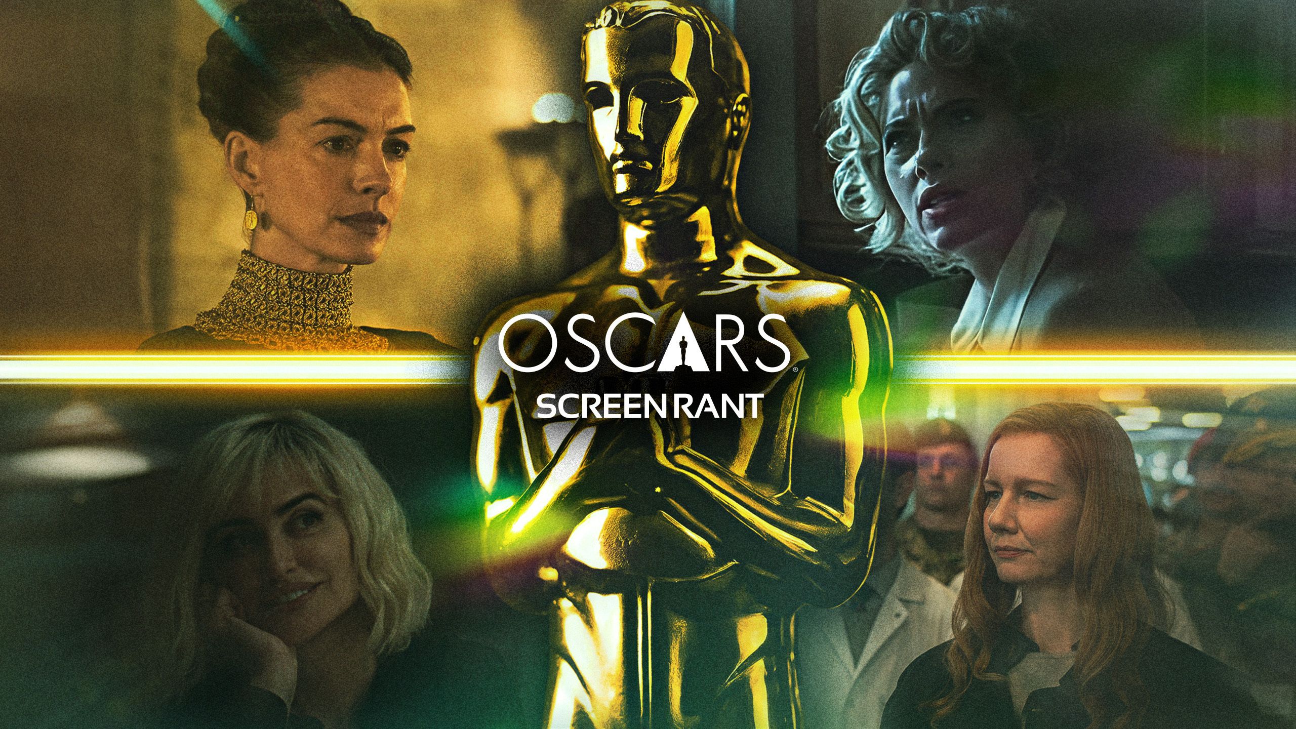 Anne Hathaway in The Odyssey, Scarlett Johansson in Paper Tiger, Penélope Cruz in The Invite, and Sandra Hüller in Project Hail Mary with Oscars statue