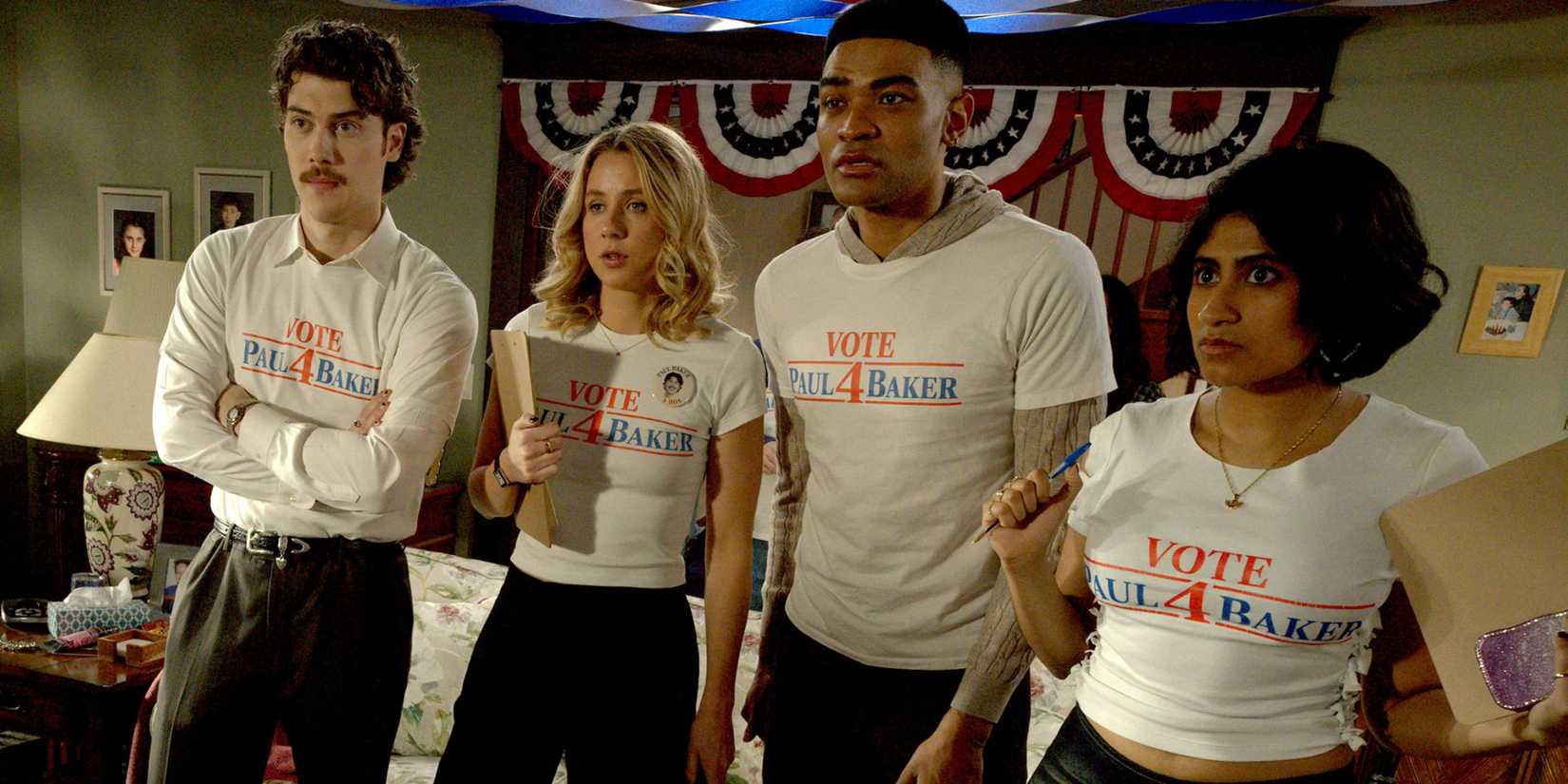 Paul, Billie, Anton, and Issa wearing campaign t-shirts in Adults