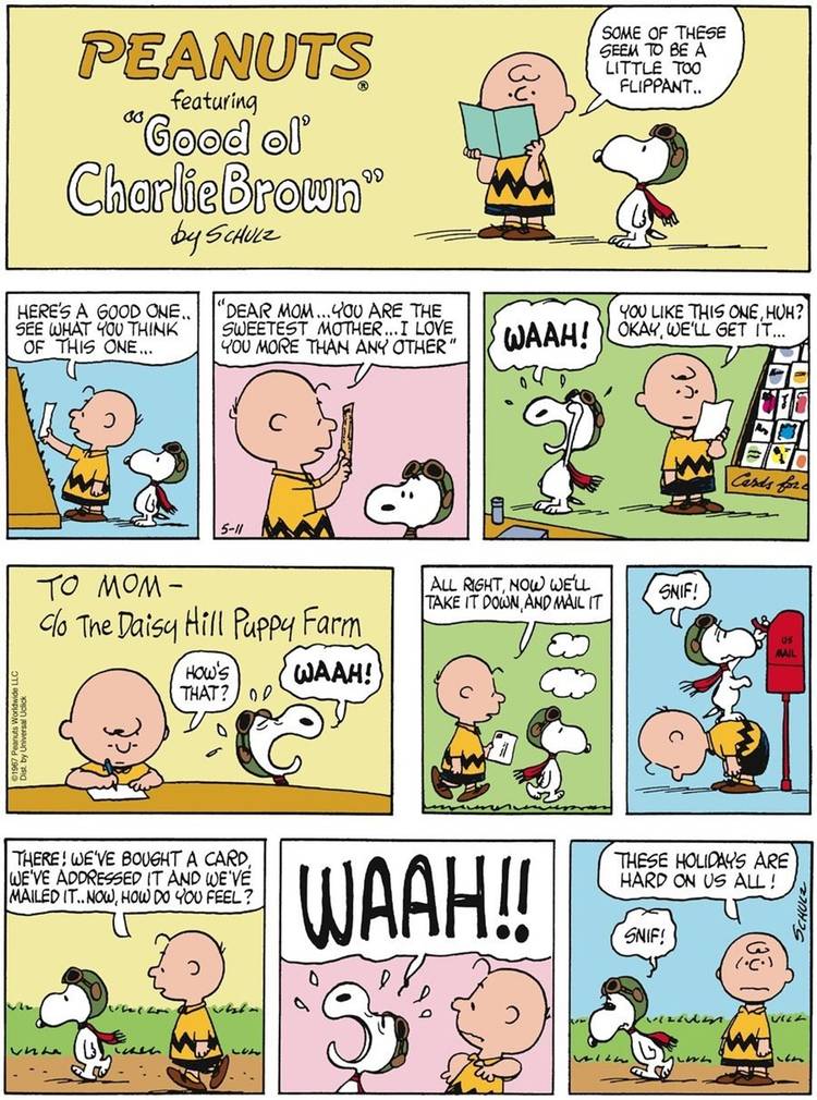 Peanuts comic strip published on May 14, 1967 featuring Snoopy sad on Mother's day