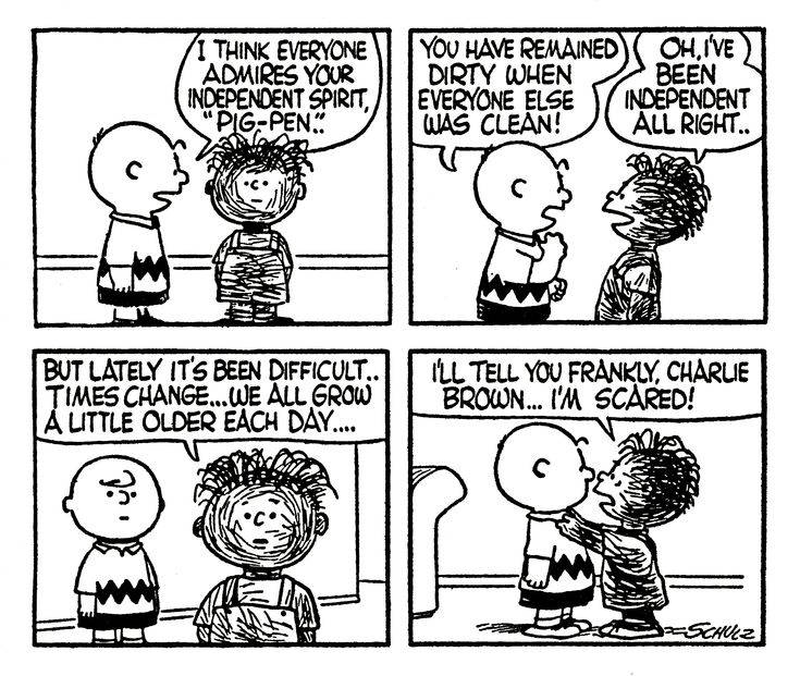 Pig Pen admits to Charlie Brown that he's scared about growing up in Peanuts comic