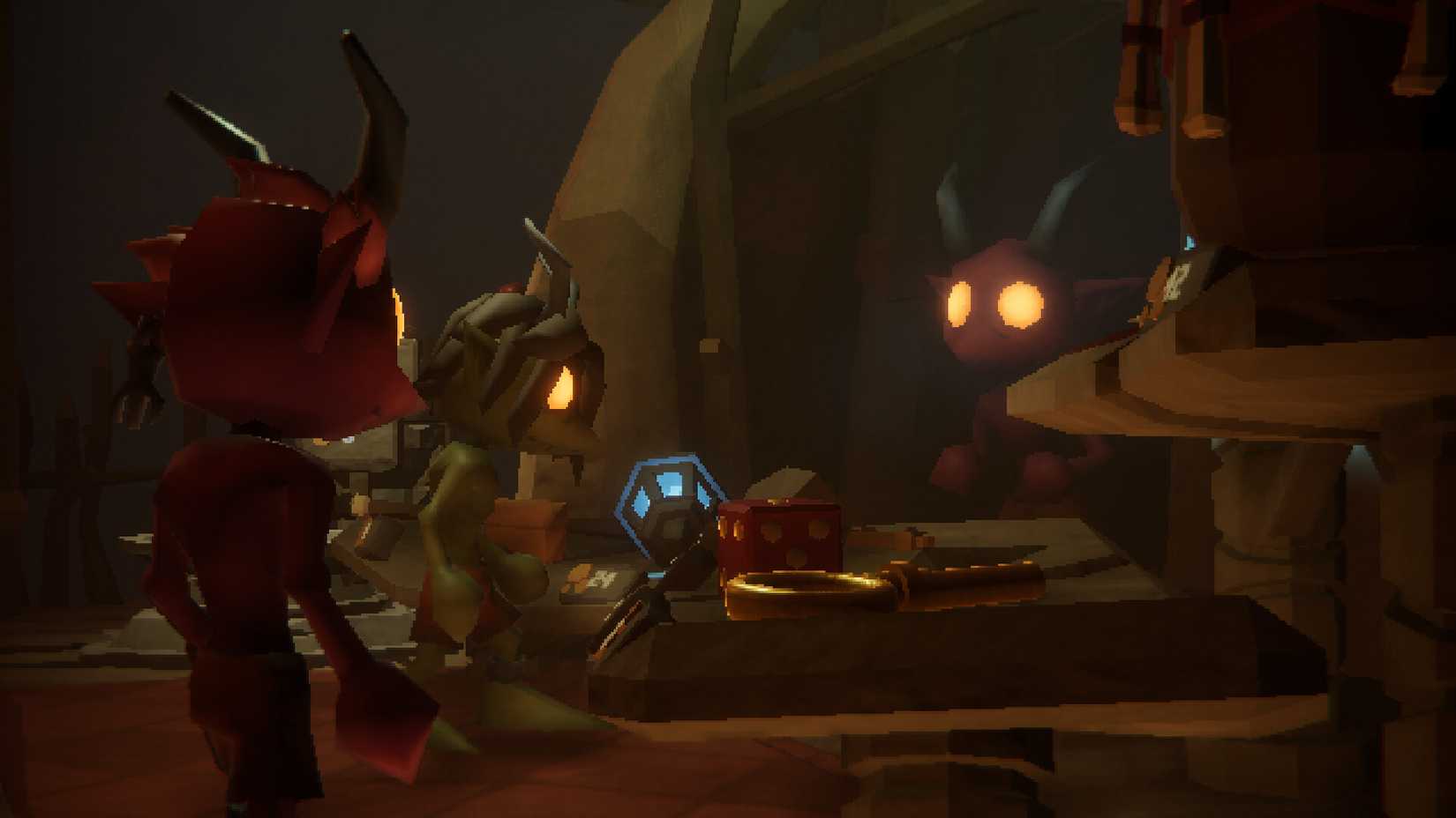Gameplay from Pit of Goblin shows players next to collected items.