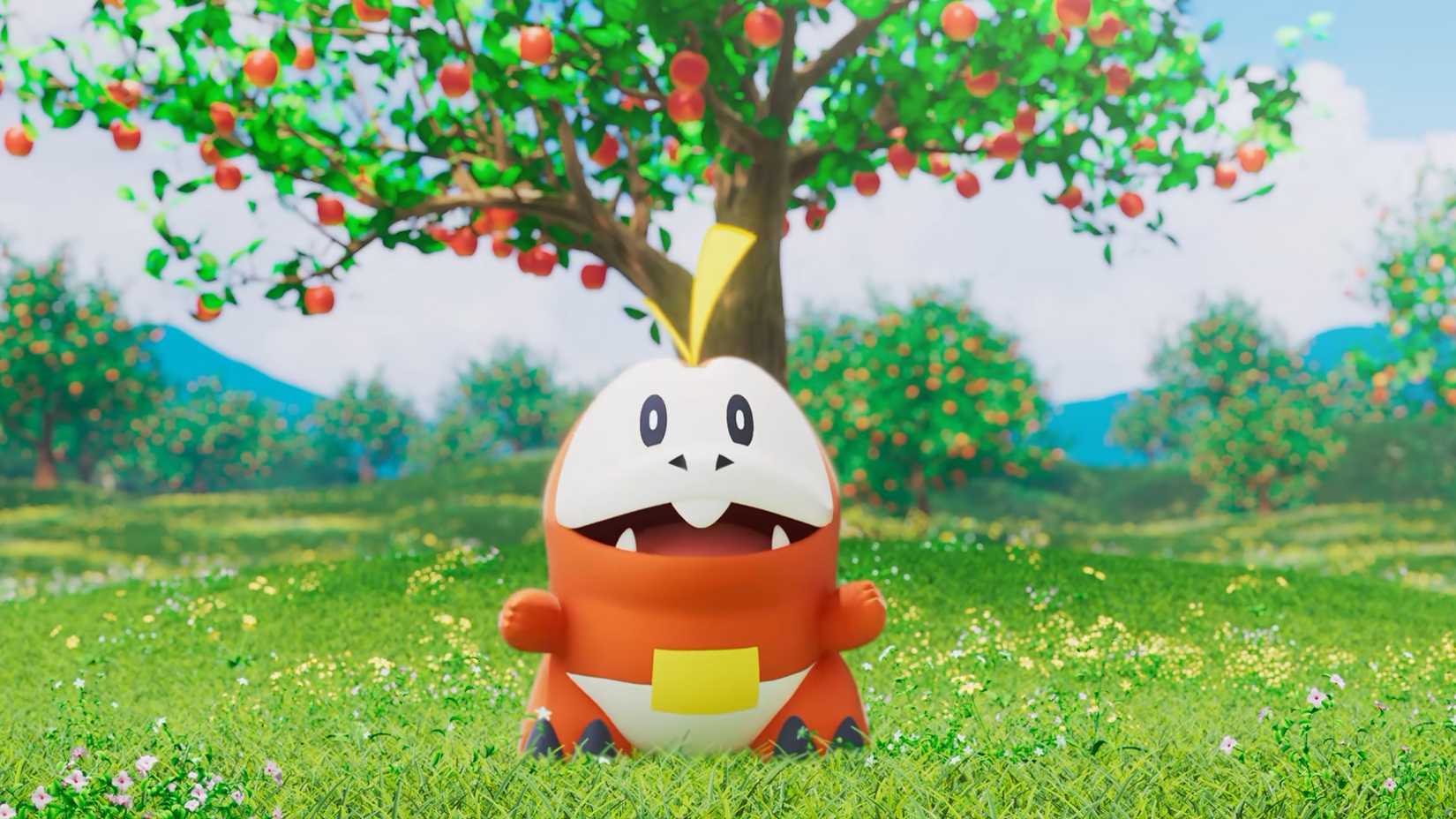 Pokemon TCG Pocket Fuecoco in front of a tree in the Dual-Type Trailer