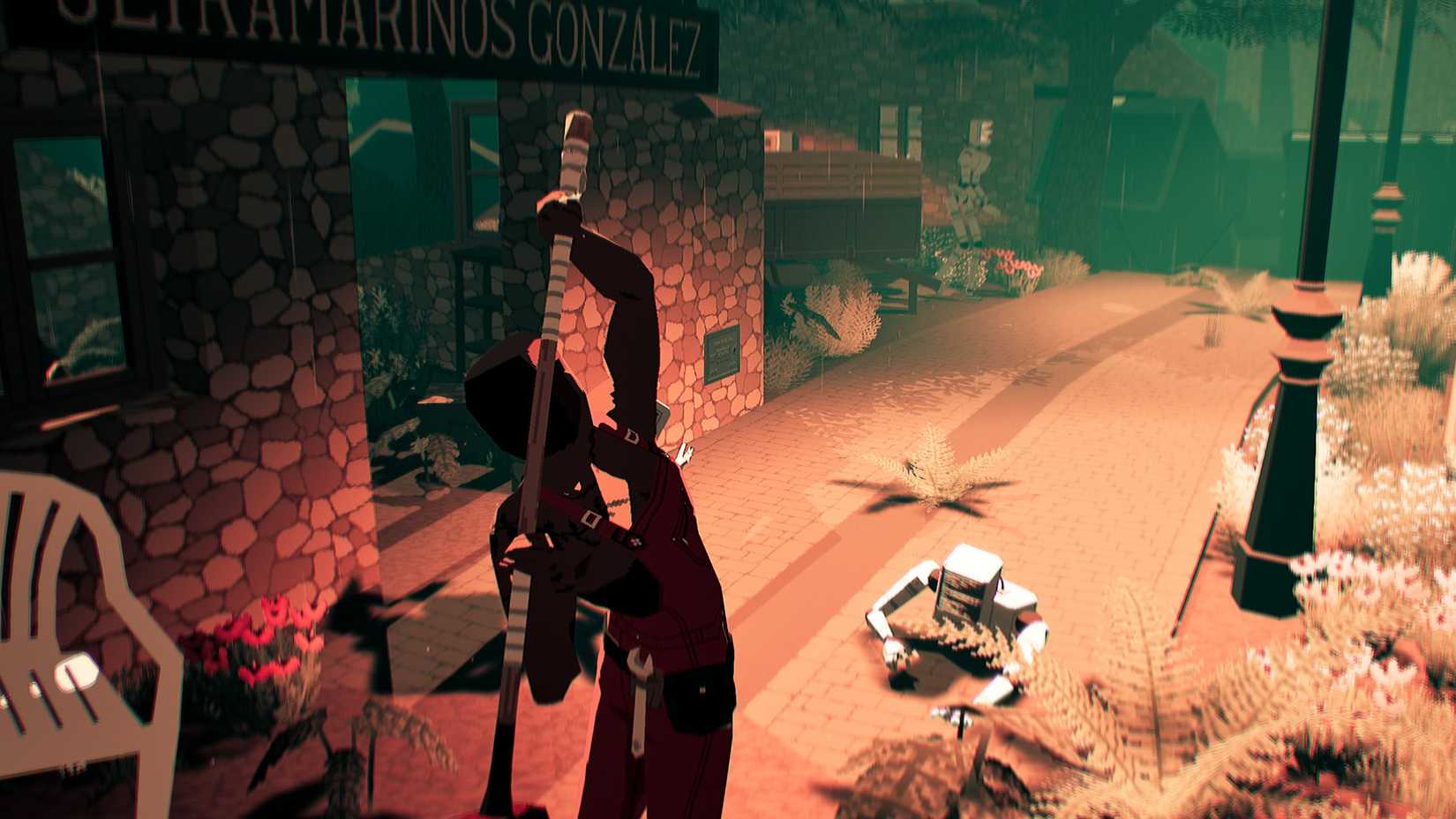 Pratelle readies an overhead swing of her weapon onto a broken digital being in Virtue and a Sledgehammer