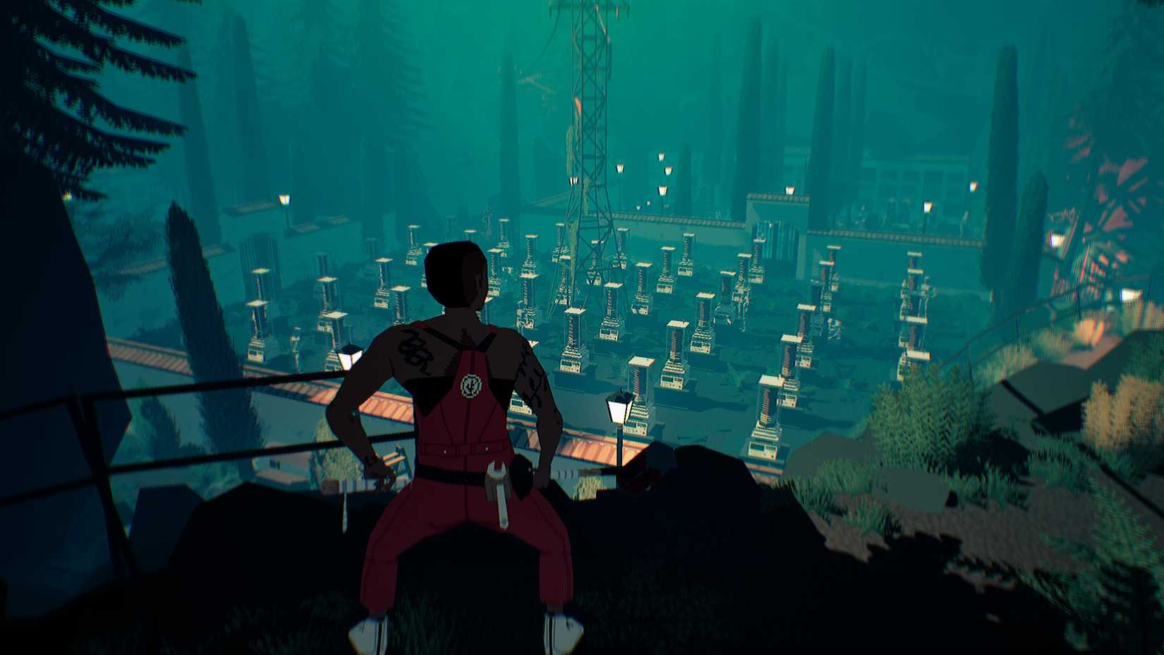 Pratelle stands atop a cliff before a large cyber graveyard in Virtue and a Sledgehammer