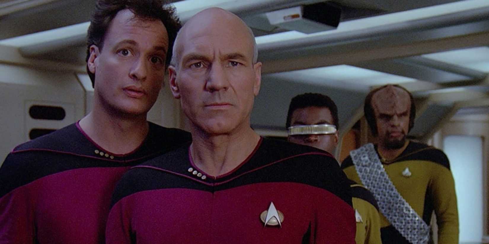 Q whispering in Picards ear in the TNG episode Q Who