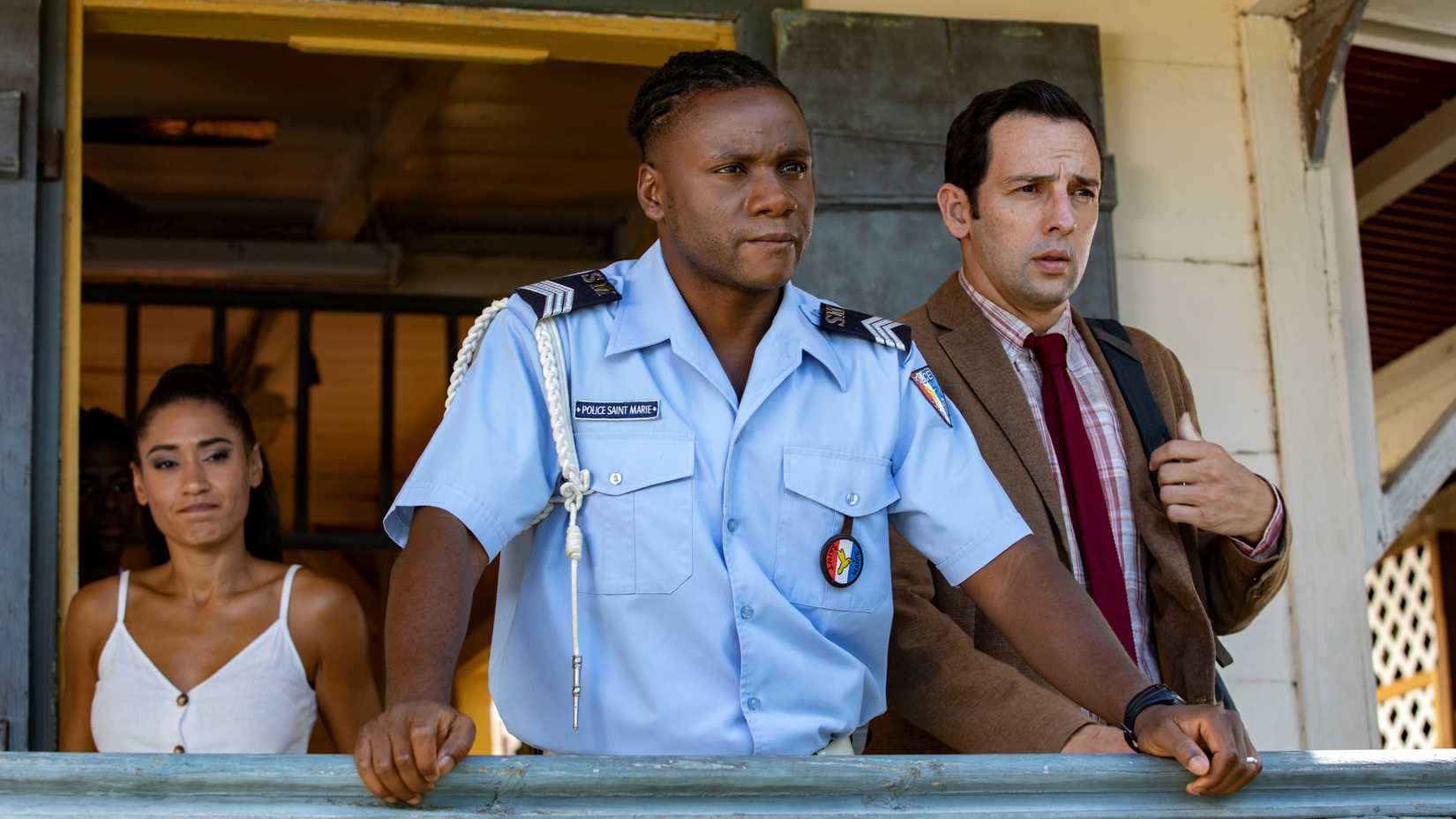 Ralf Little, Tobi Bakare and Joséphine Jobert in Death in Paradise season 10, episode 8