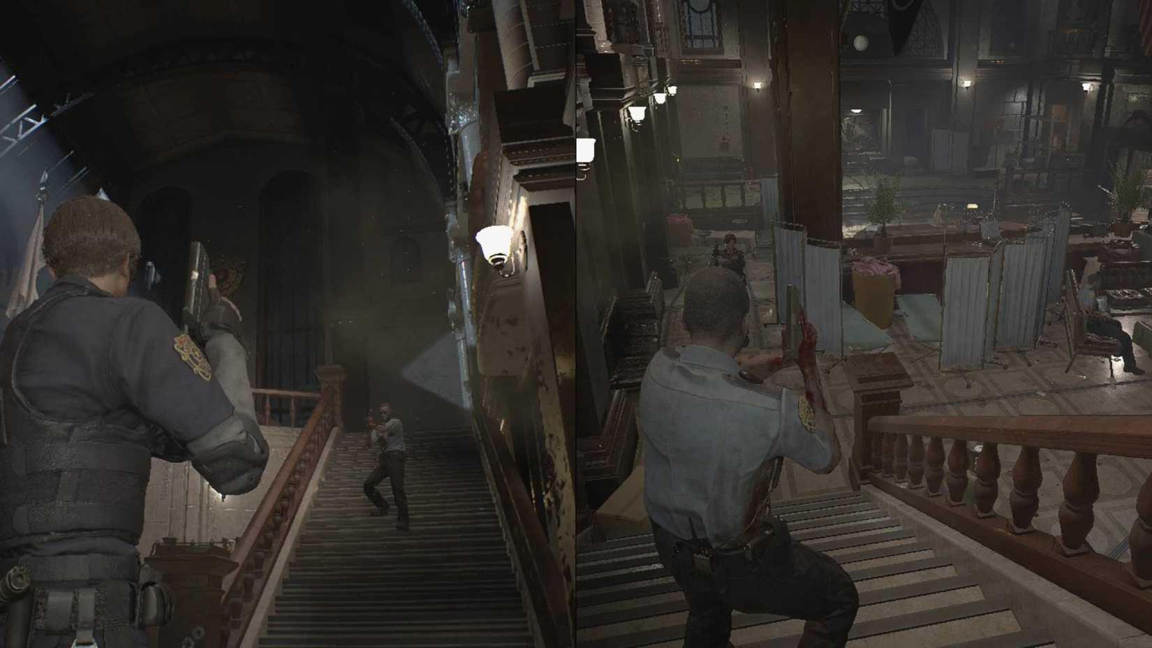 Resident Evil 2 being played by two people via split-screen.