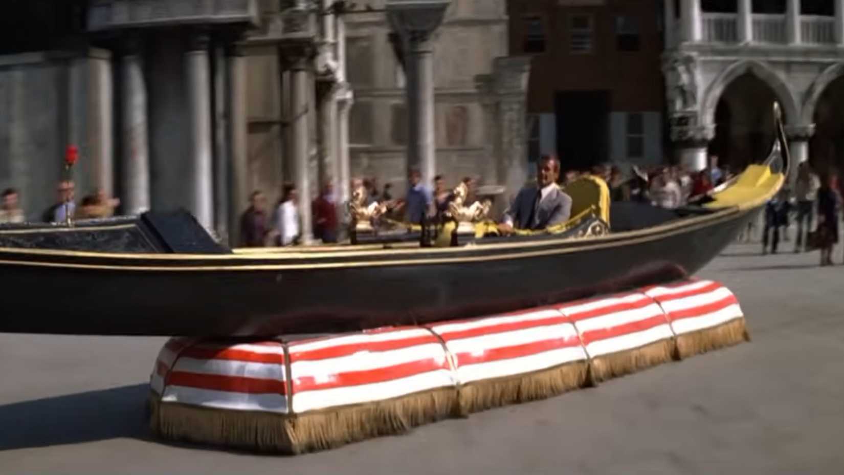 Roger Moore driving the gondola hovercraft in moonraker