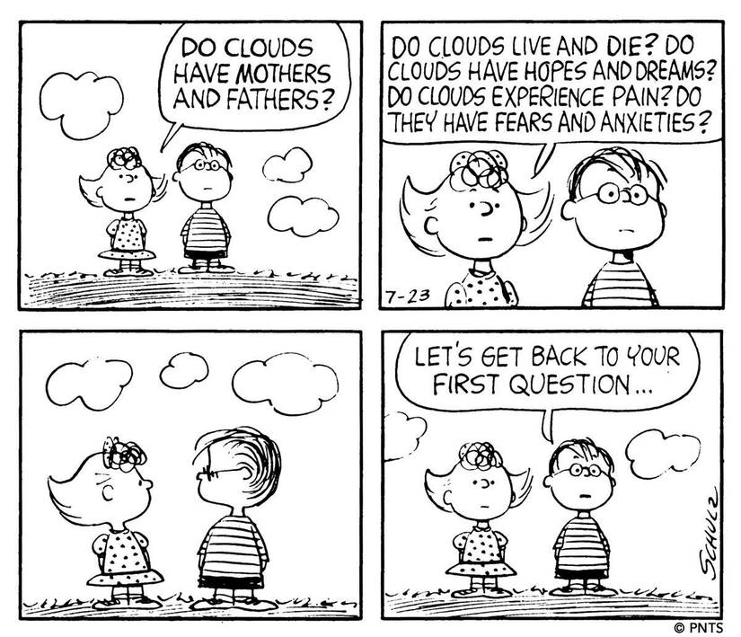 Sally Brown and Linus van Pelt discuss clouds in Peanuts comic