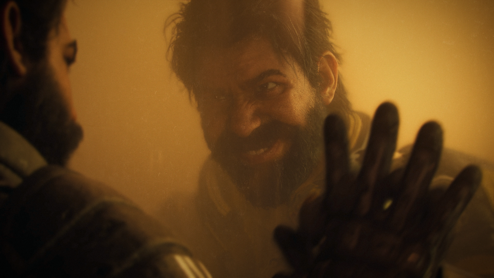 Saros screenshot of main character looking at sneering reflescion in mirror