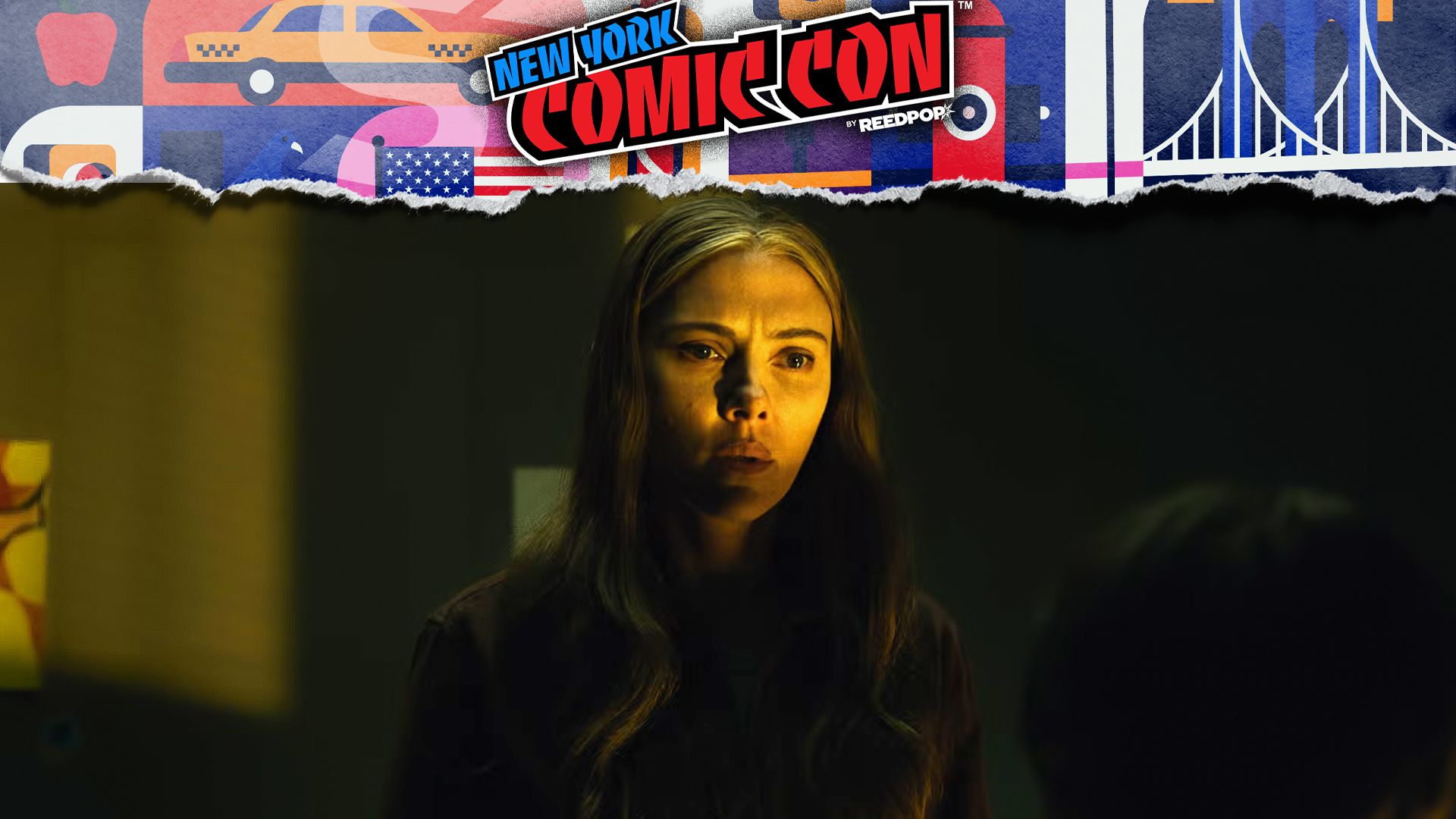 Scarlett Johansson's Julie Miller looking uncertainly at her son in a dark room in The Exorcist: Martyrs NYCC overlay