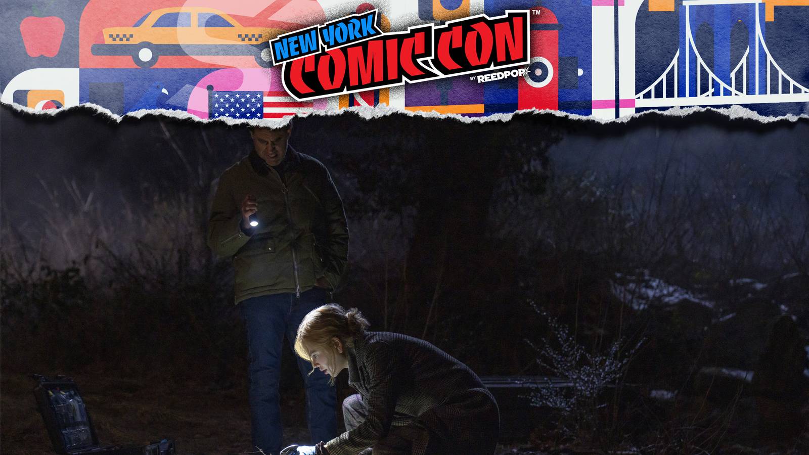 Still of Nicole Kidman as Kay Scarpetta and Bobby Cannavale as Pete Marino in Scarpetta season 1 with NYCC logo overlay.