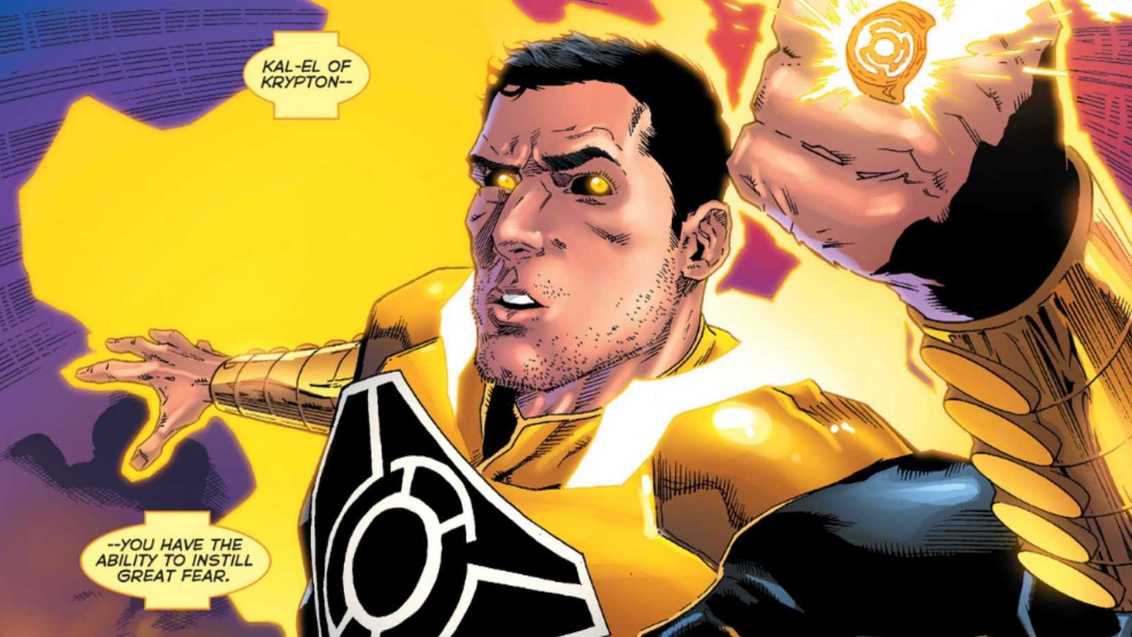 Superman receiving a Yellow Lantern ring and being inducted into the Sinestro Corps