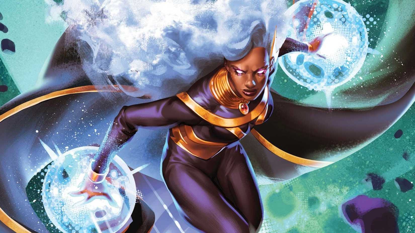 Storm in black costume with her hands casting white electric orbs