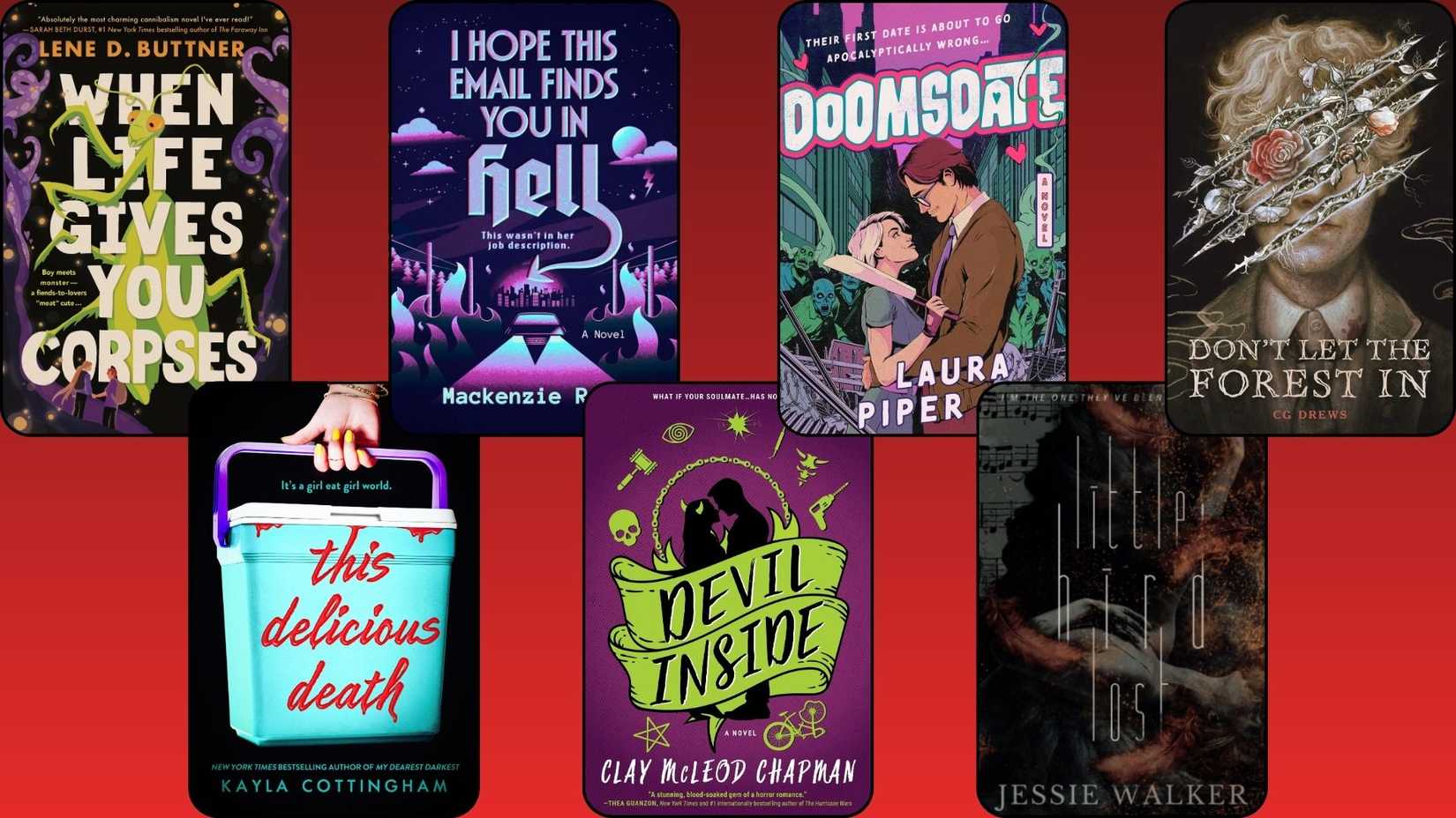 Seven romantasy book covers are on a red gradient background
