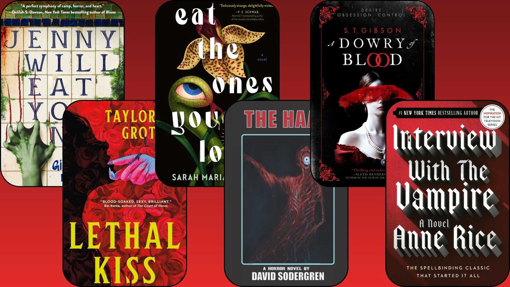 Six monster horrormance books are in front of a red gradient background