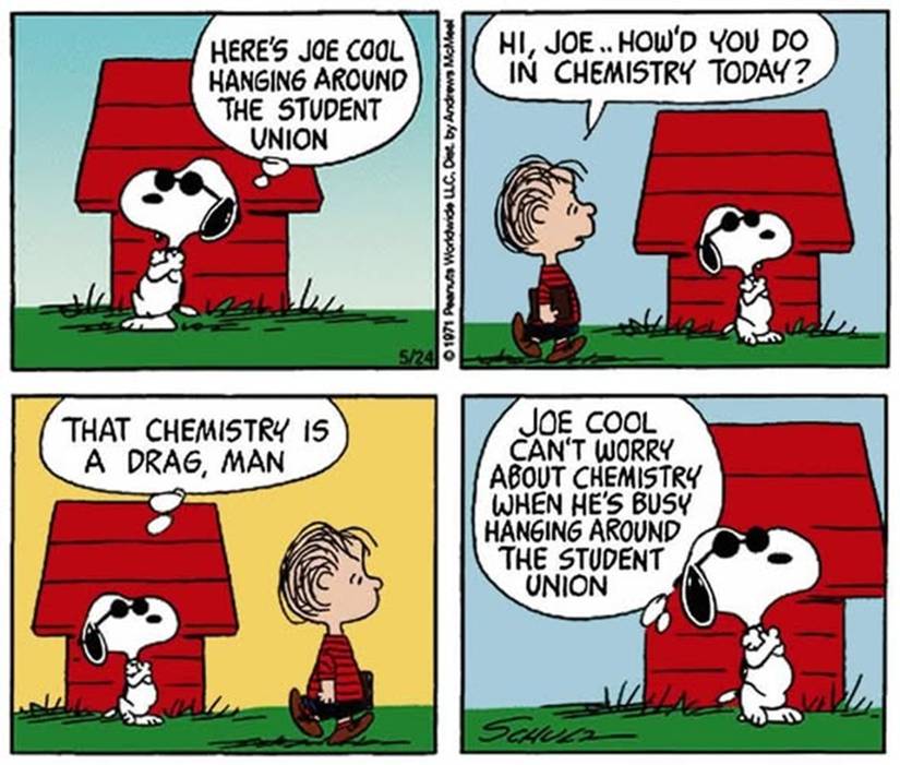 Snoopy, in his alter ego as a Joe Cool, in the Peanuts comic strip from May 27, 1971