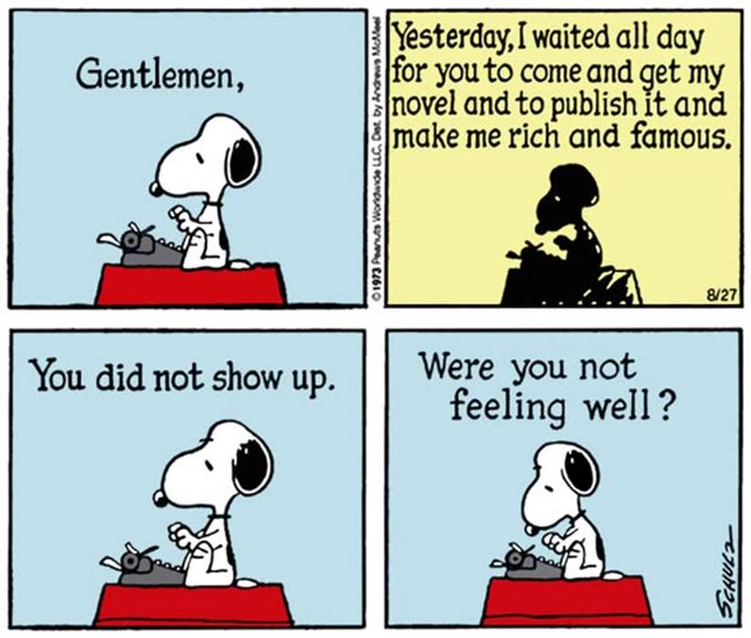 Snoopy, in his alter ego as a World-Famous Author, in the Peanuts comic strip from August 27, 1973