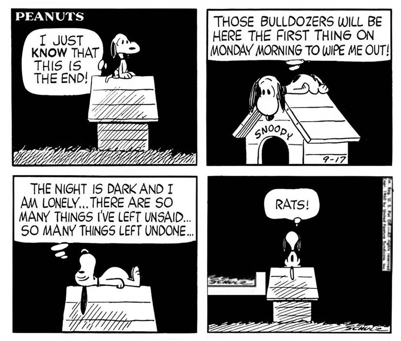 Snoopy is sad about his doghouse in the Peanuts strip from September 17, 1960