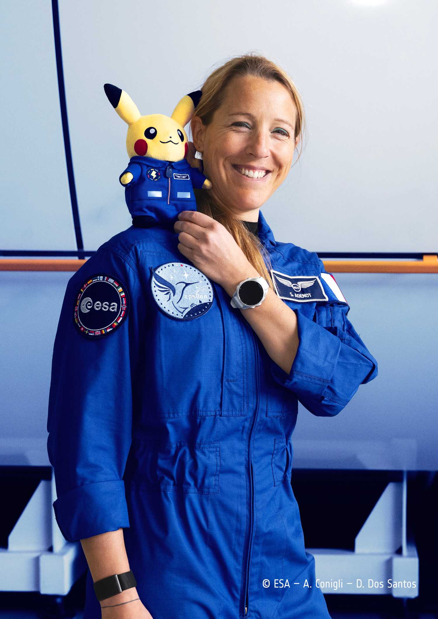 Sophie_Adenot_with_Astronaut_Pikachu_plush_at_the_European_Astronaut_Centre_pillars