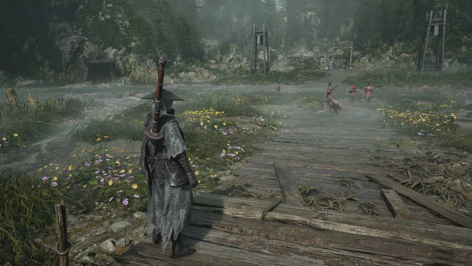 Soul approaches a cadre of faceless swordsmen in Meigu Lake in Phantom Blade Zero
