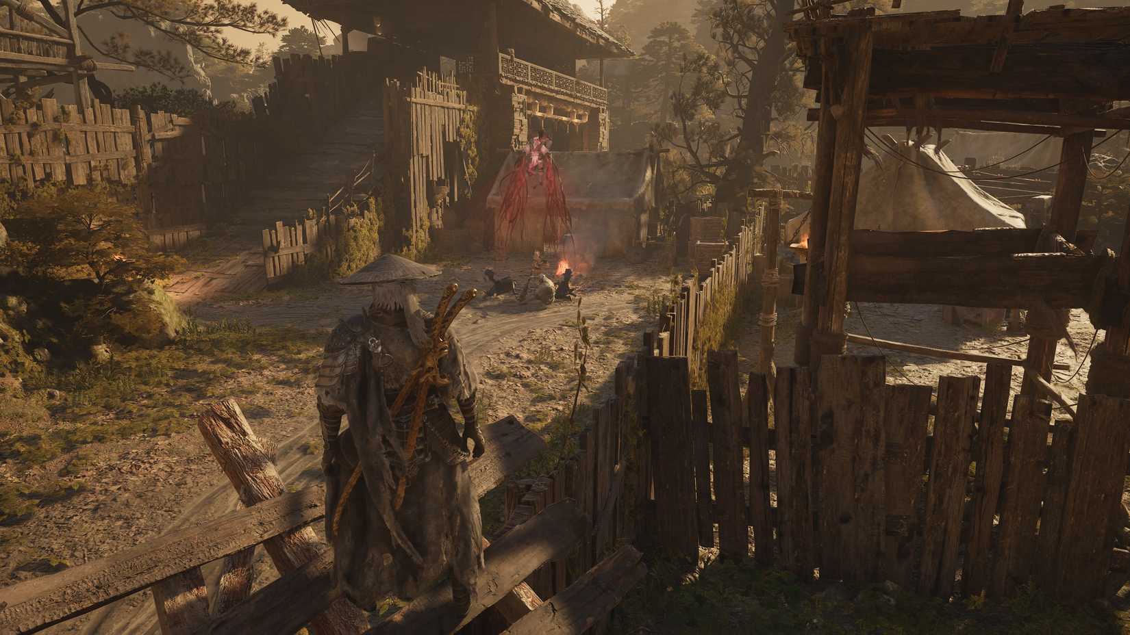Soul approaches a healing puppet hovering above enemies in the Mandate Encampment area of Phantom Blade Zero