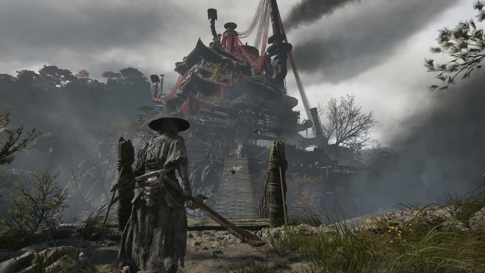 Soul stands before the Weeping Creek Sha-Chi Tower in Phantom Blade Zero