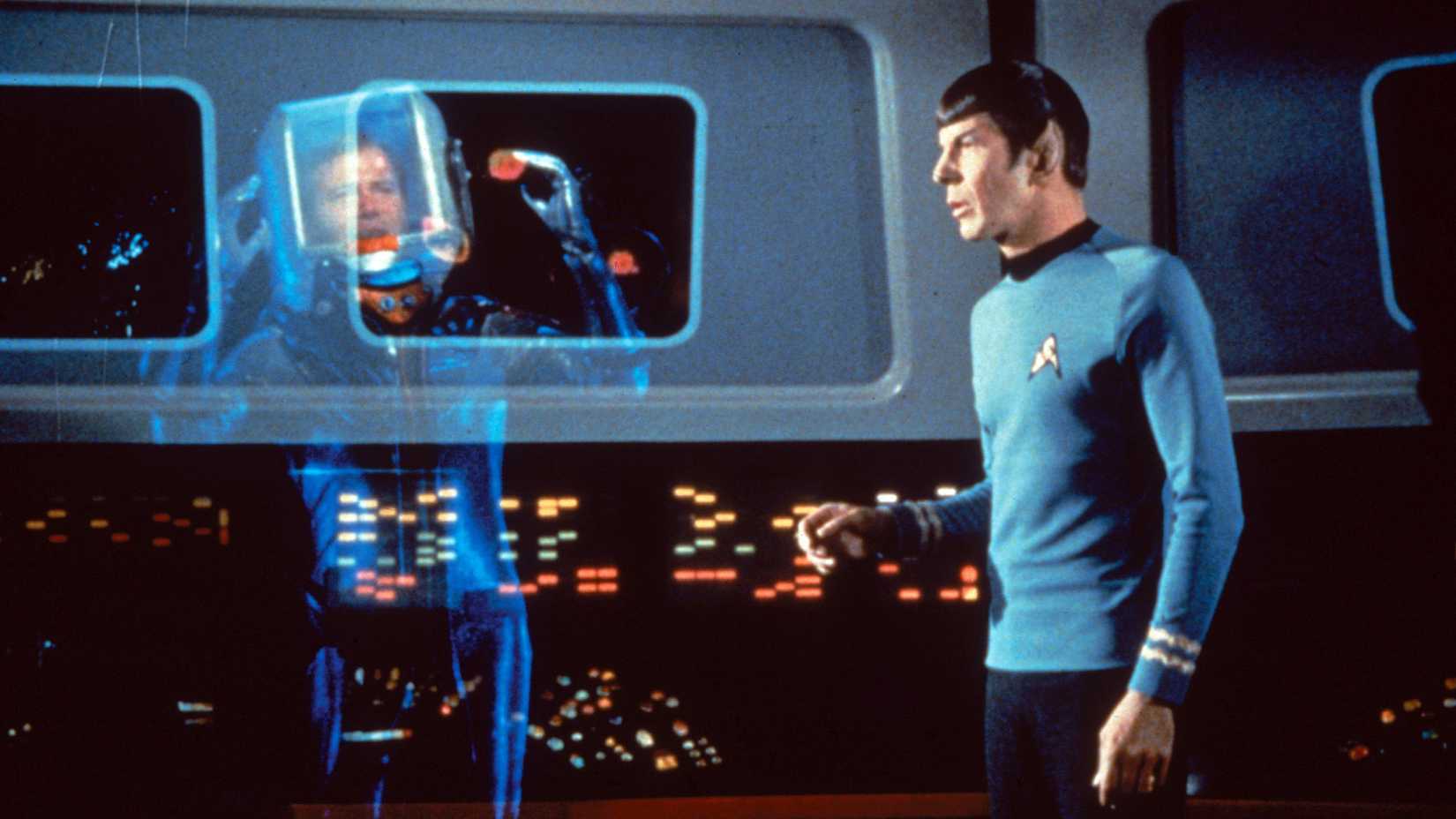 Spock looks at a hologram of Captain Kirk in Star Trek season 3, episode 9 "The Tholian Web"