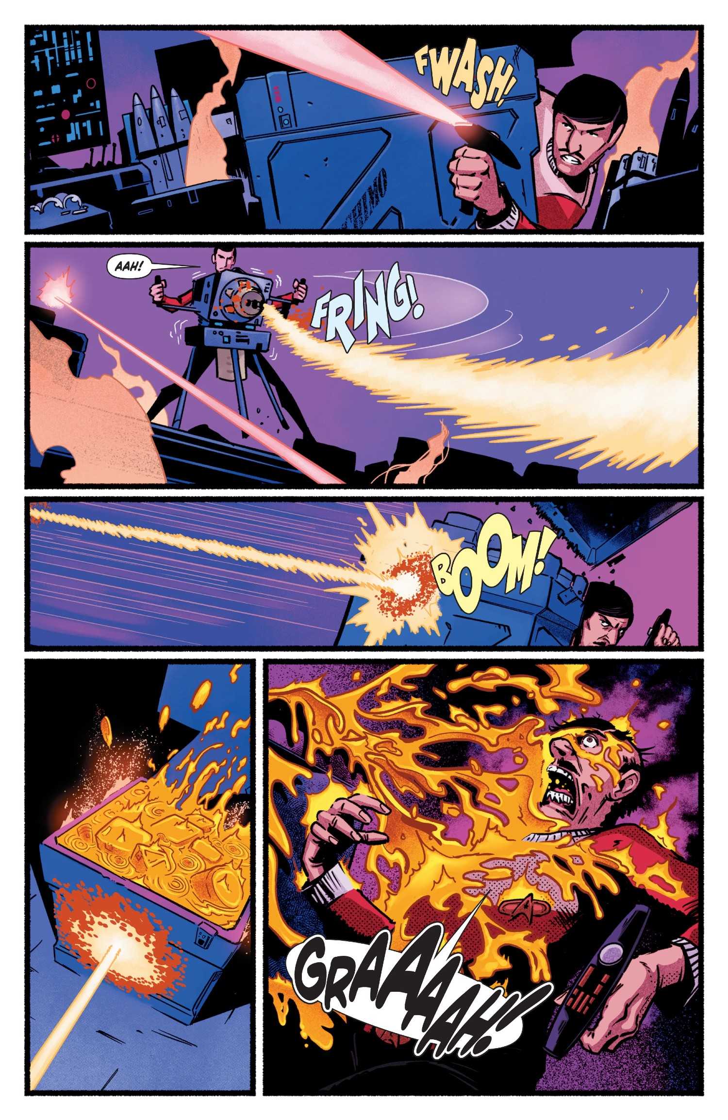 Star Trek Ghosts of the 21st century #3, Harry melts a Red Shirt with molten metal superheated by the phaser cannon