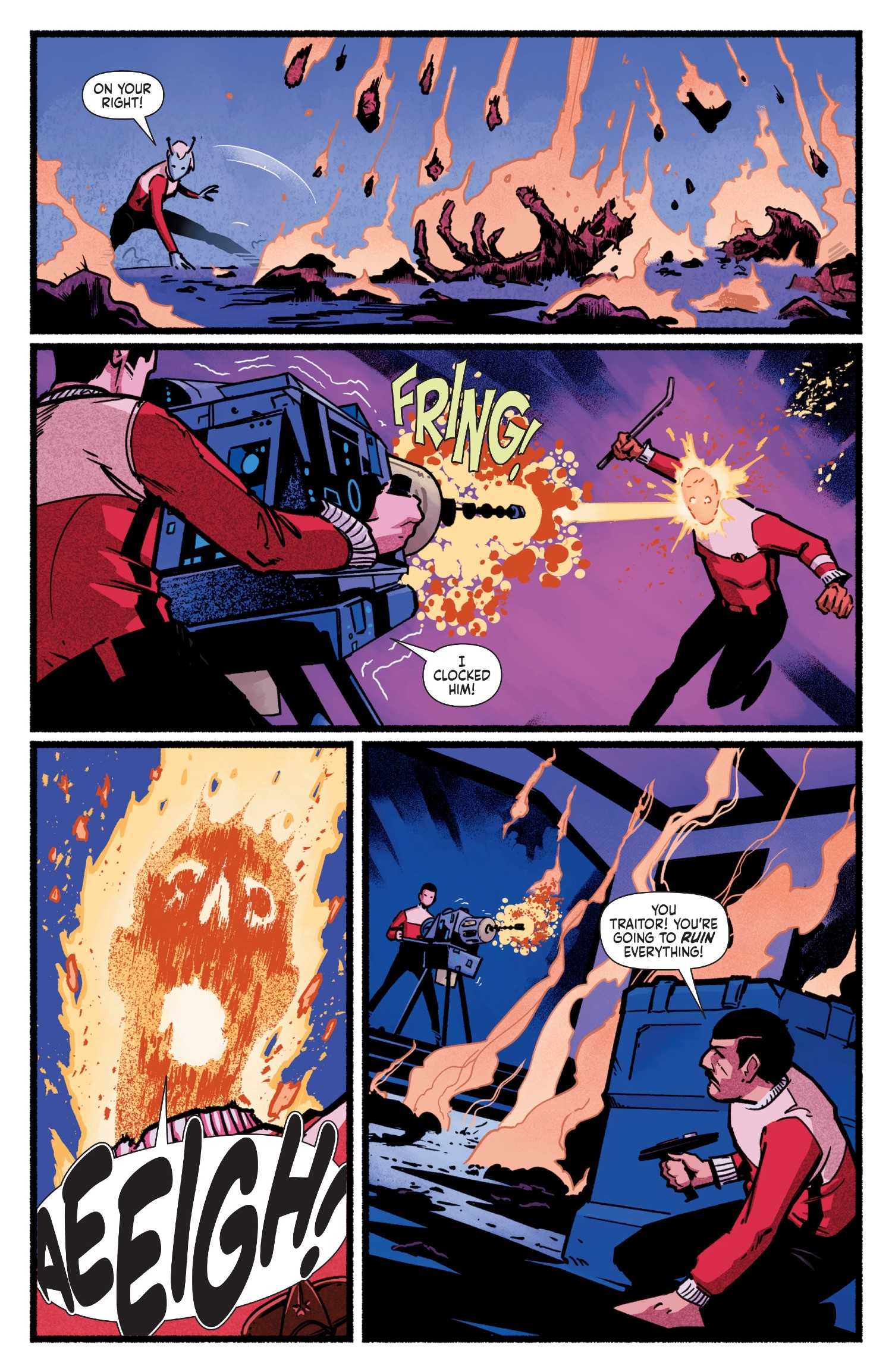 Star Trek Ghosts of the 21st Century #3, Harry sets a Red Shirt's head on fire with a phaser cannon blast