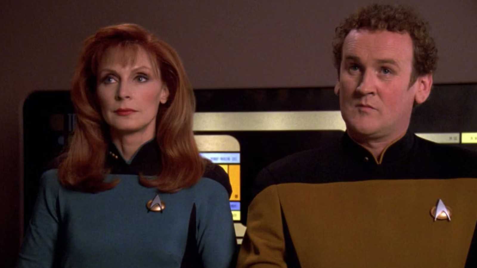 Gates McFadden as Dr. Beverly Crusher and Colm Meaney as Miles O'Brien in Star Trek: The Next Generation