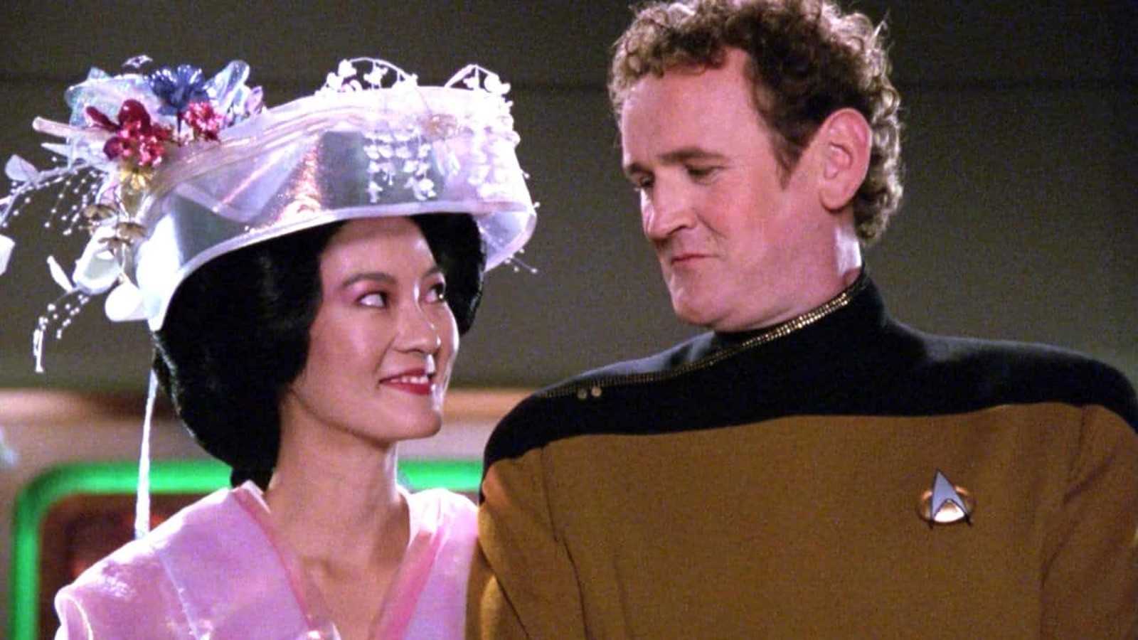 Miles O'Brien and Keiko Ishikawa get married on the Enterprise in Star Trek: The Next Generation.