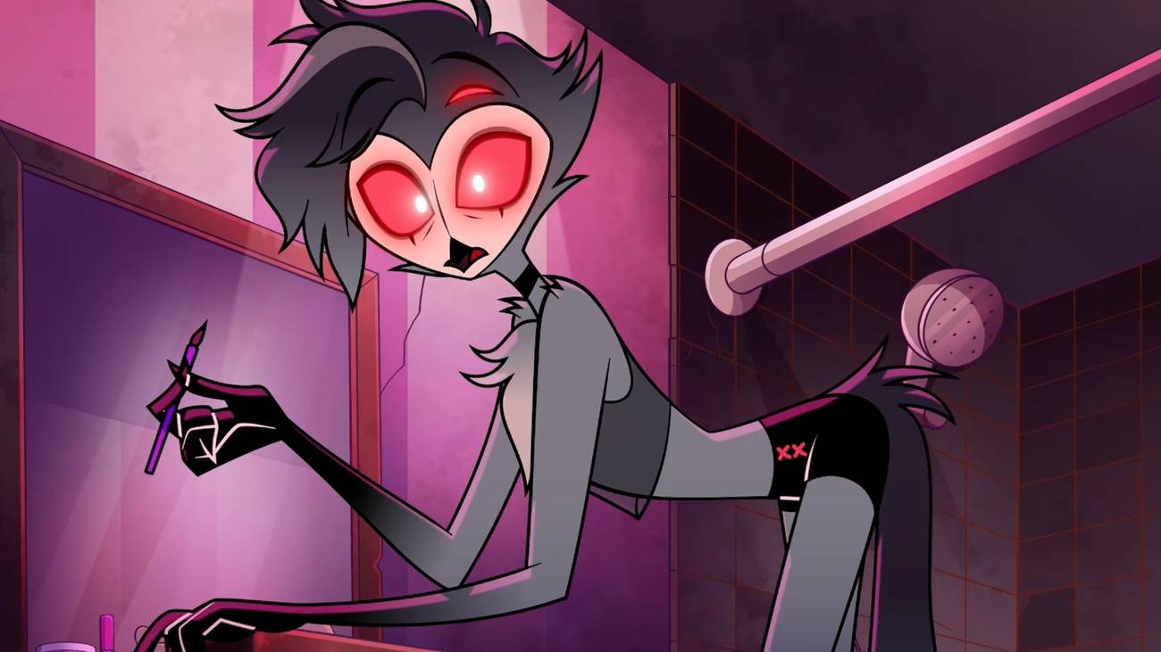 Stolas putting on makeup looking shocked in Helluva Boss season 3