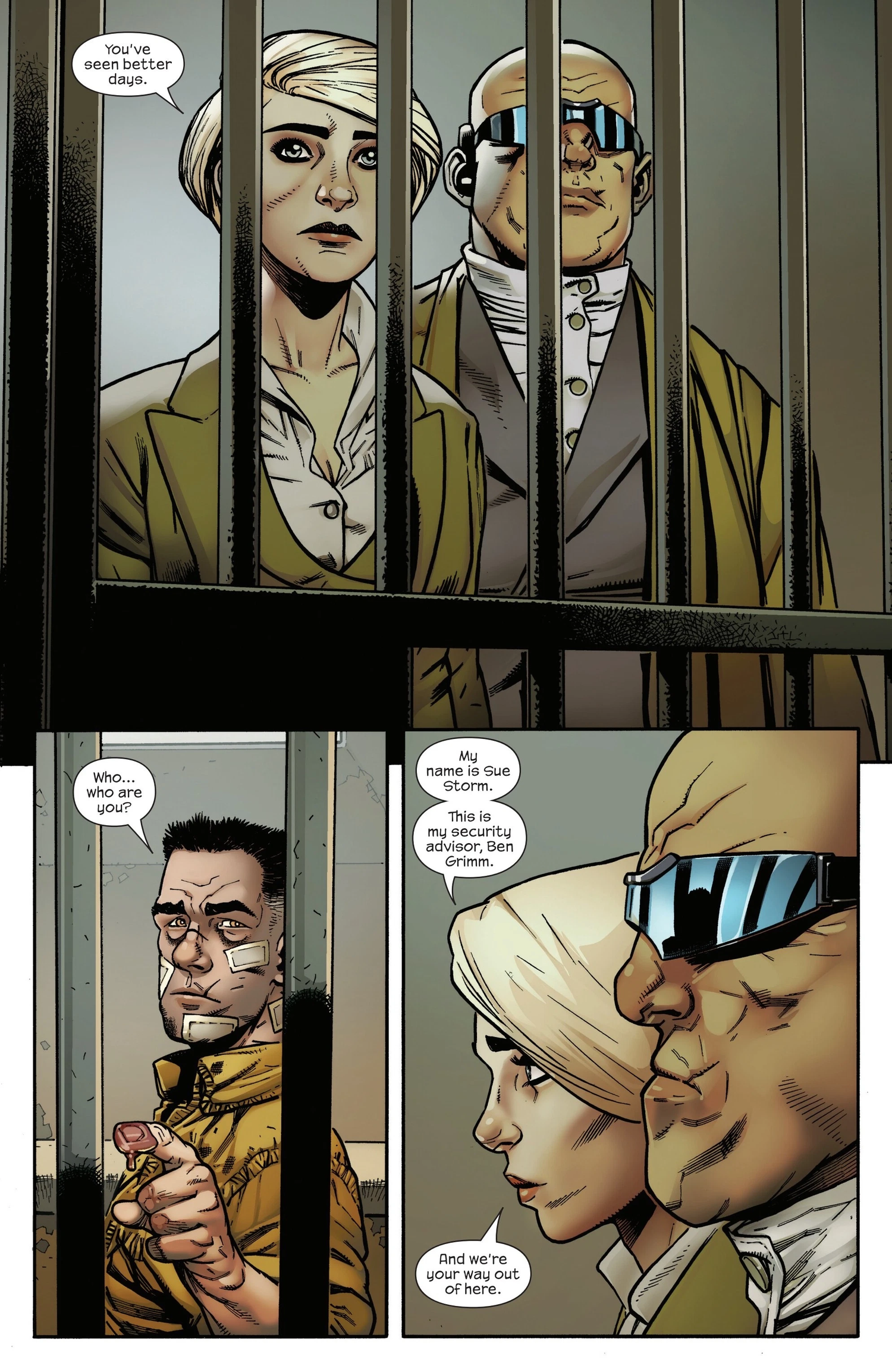 Sue Storm and Ben Grimm visit Reed Richards in Midnight Fantastic Four #1