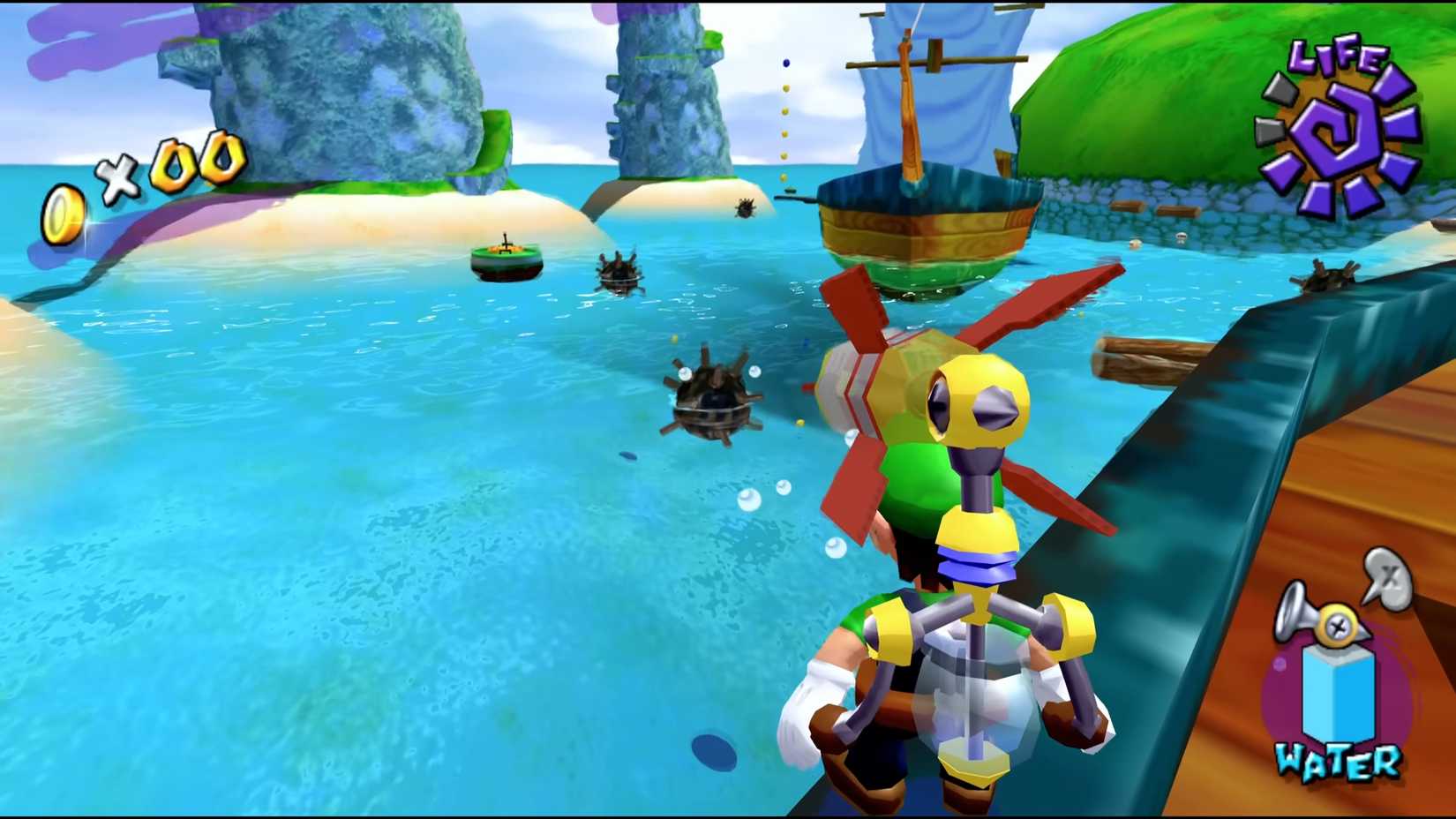 Luigi shooting distant mines in Super Mario Eclipse.
