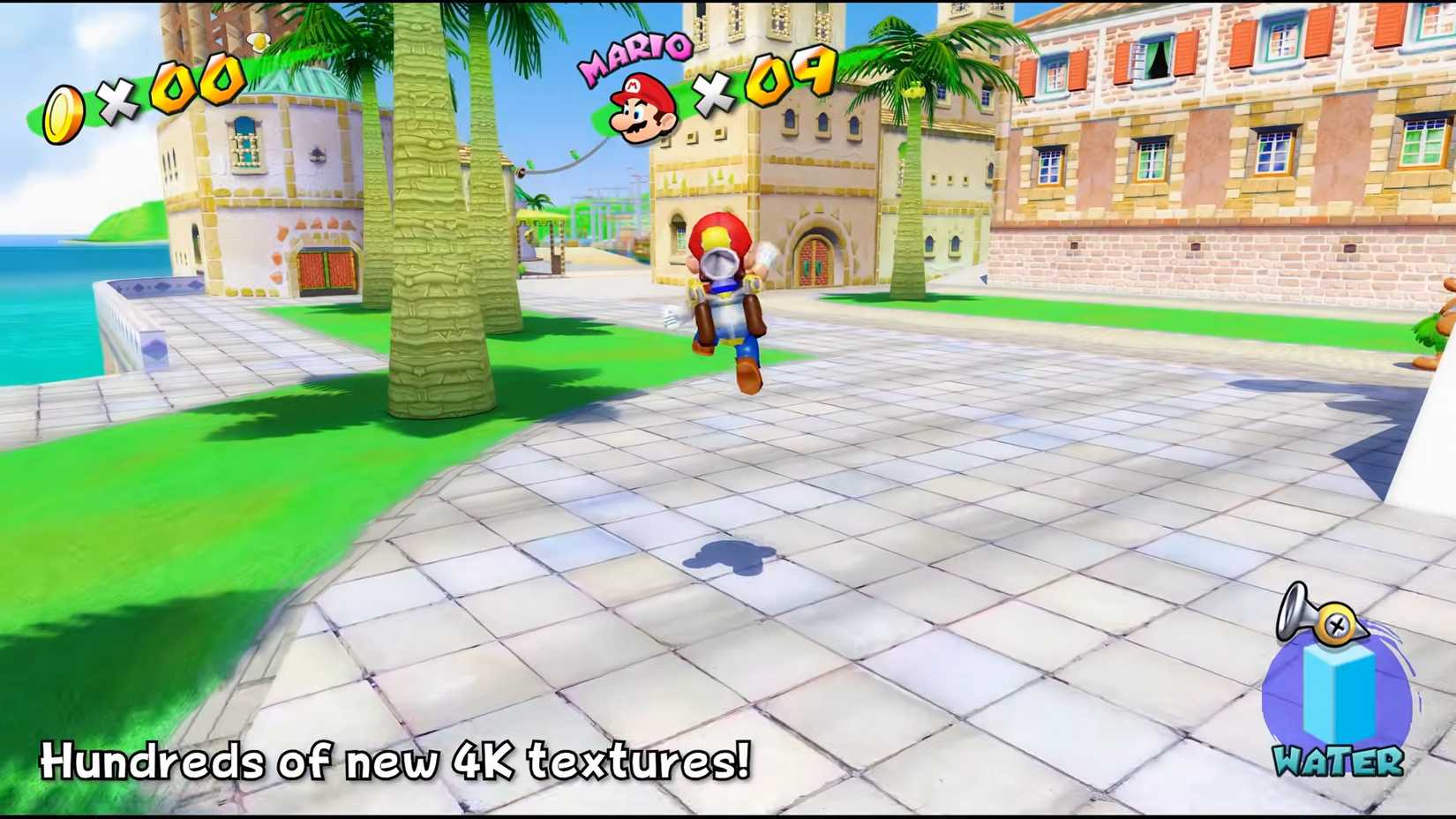 Mario running near palm trees in Super Mario Sunshine 4K.