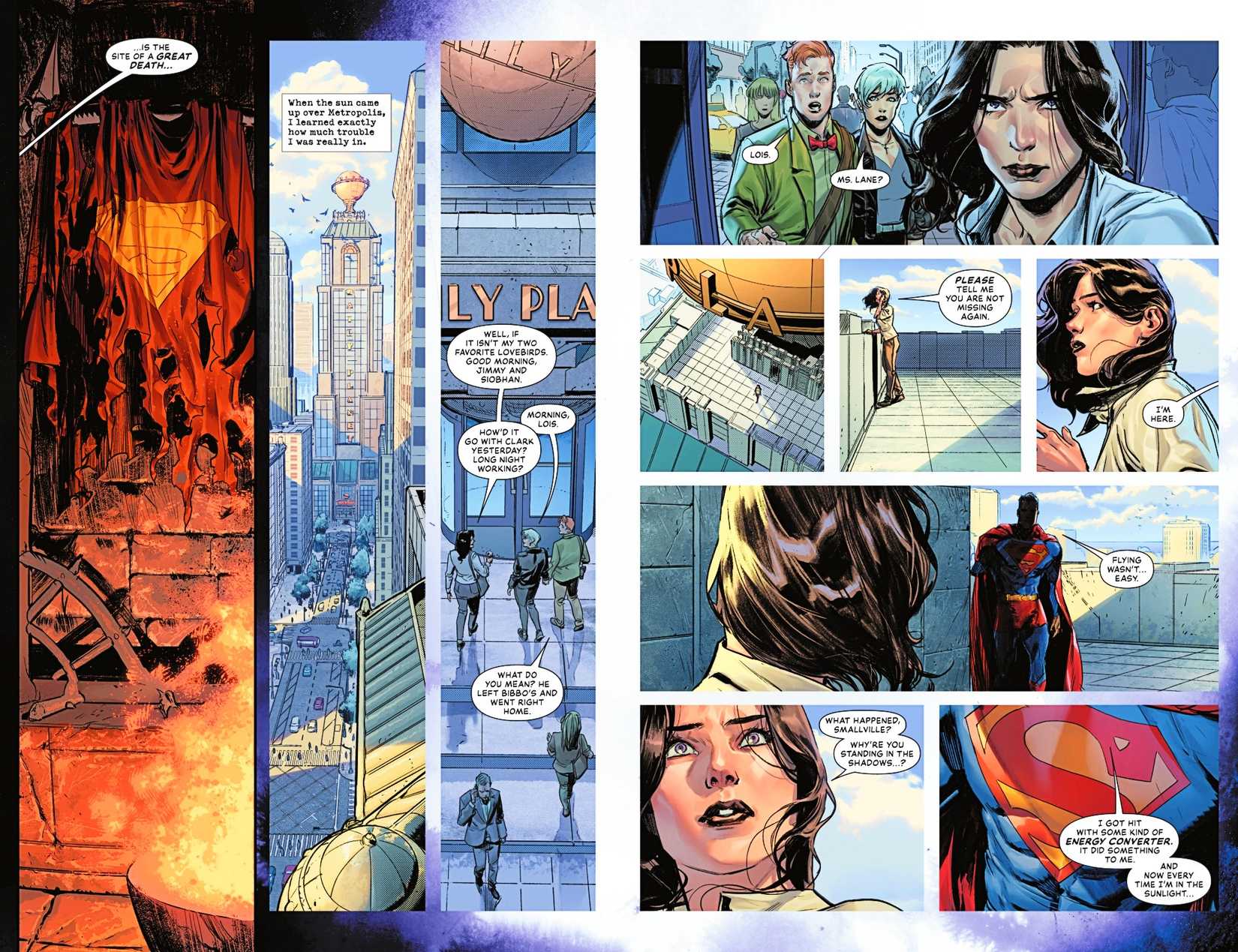 Superman #43, Superman steps out of the shadows on a bright sunny day