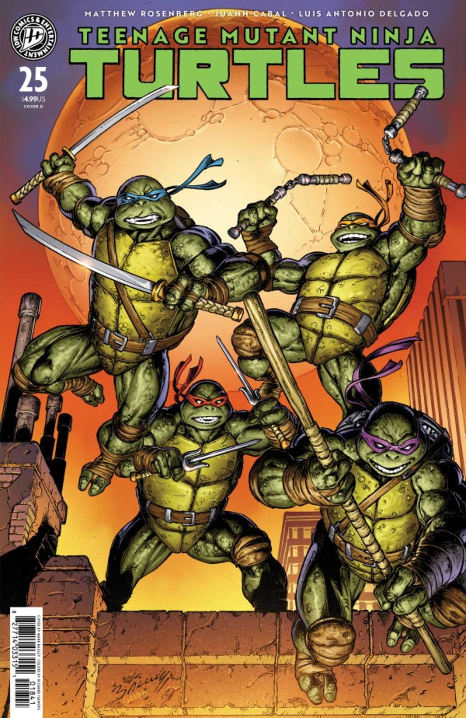Teenage Mutant Ninja Turtles #25 variant cover, the Turtles leaping off a roof into battle with a full moon behind them