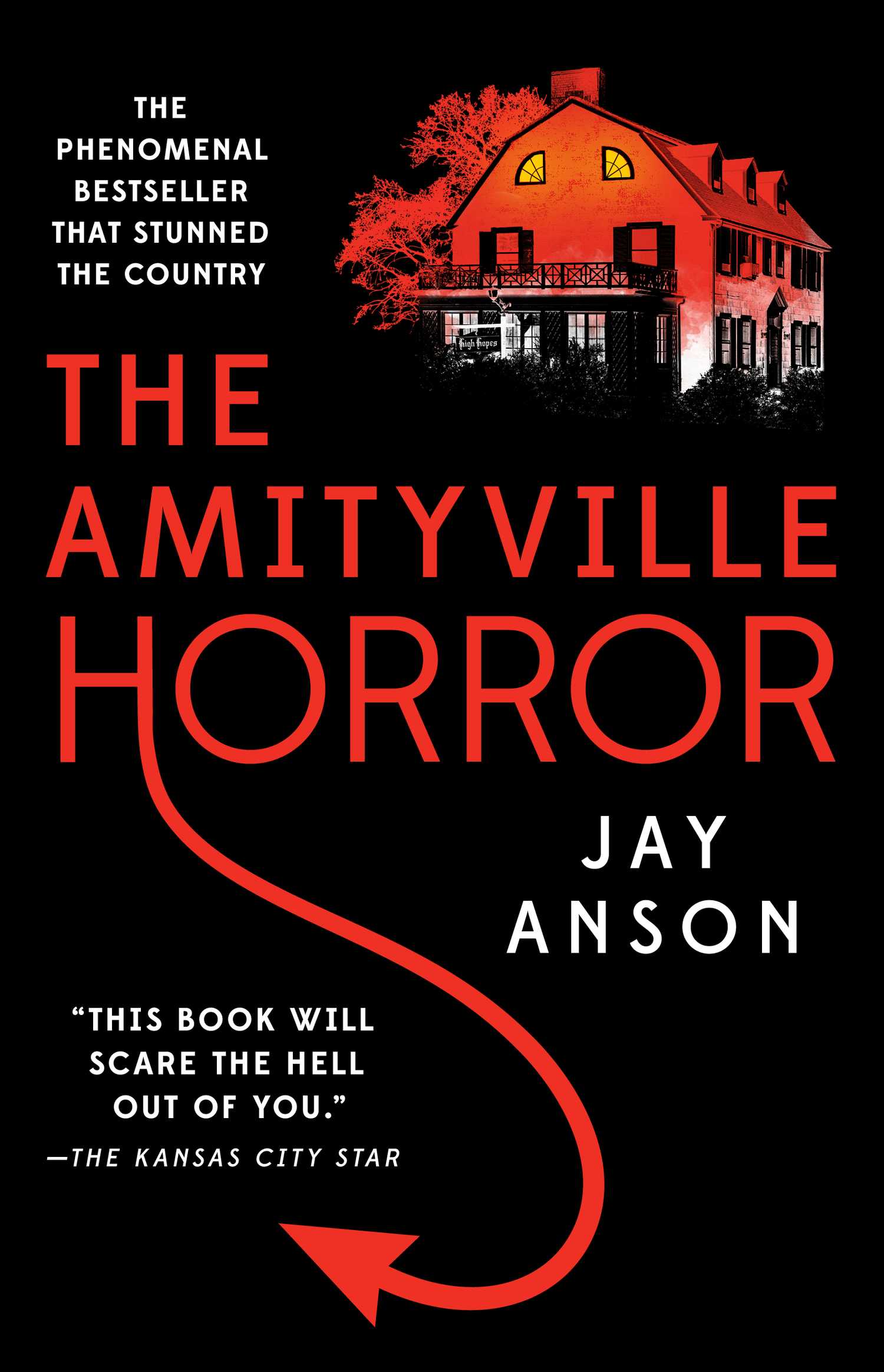 The Amityville Horror book cover shows the house lit up in red