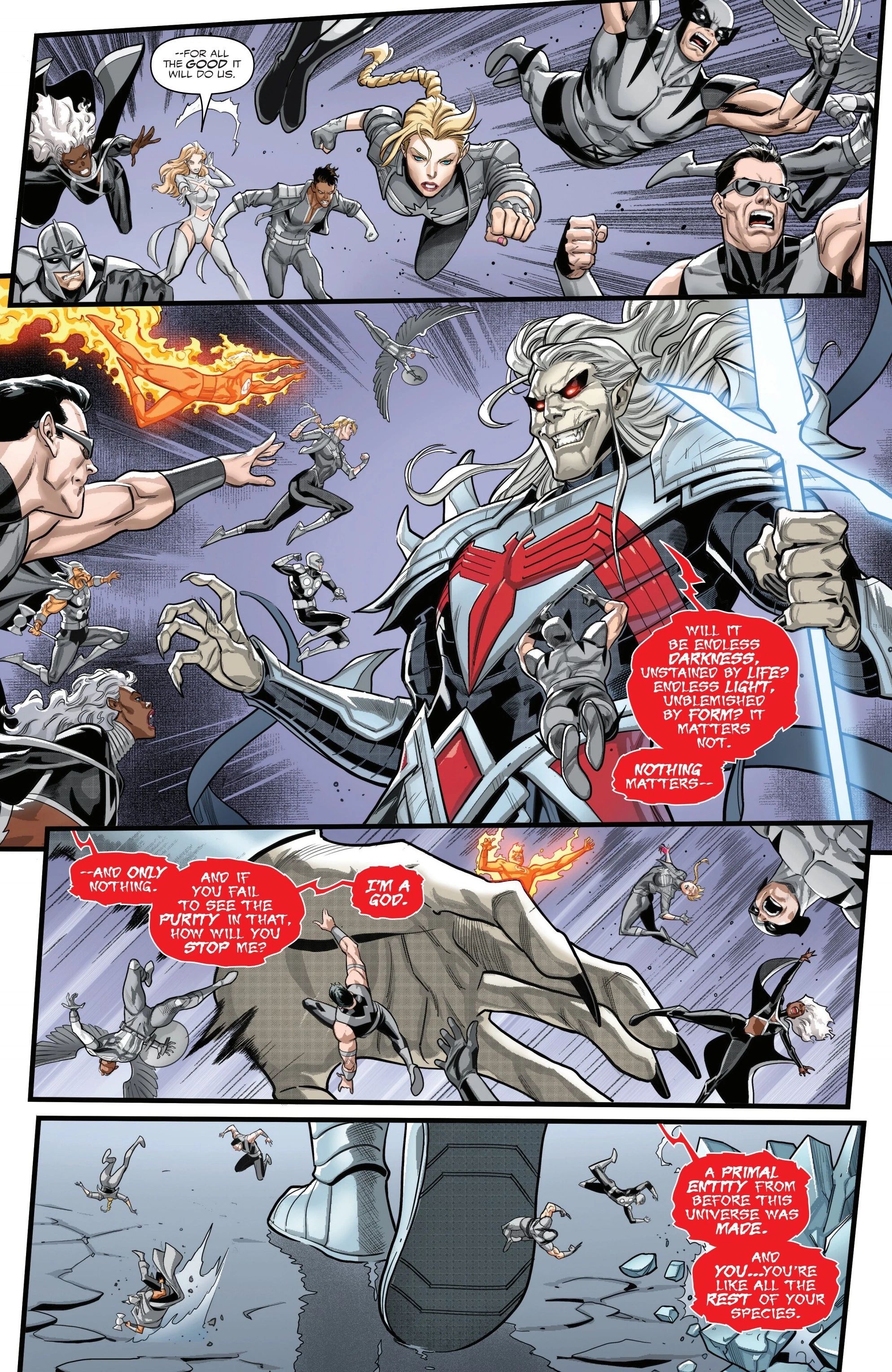 The Avengers, X-Men, and Fantastic Four wear matching gray symbiote costumes in Queen in Black #5