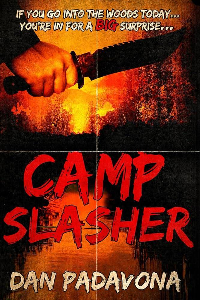 The cover of Camp Slasher shows a person holding a hunting knife