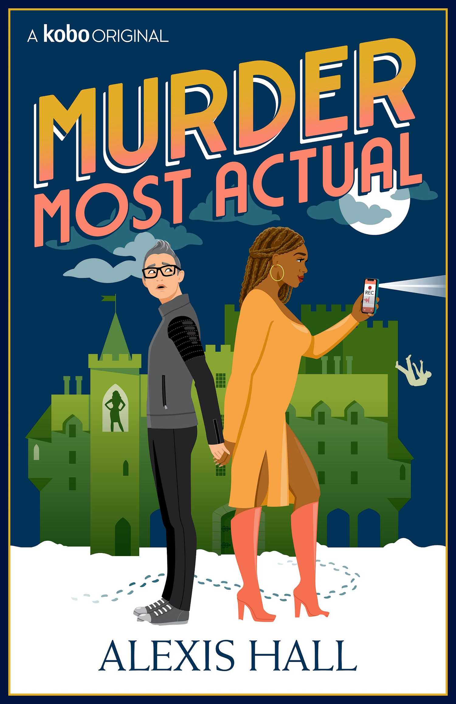 The cover of Murder Most Actual by Alexis Hall shows two women holding hands while standing back to back in front of a castle
