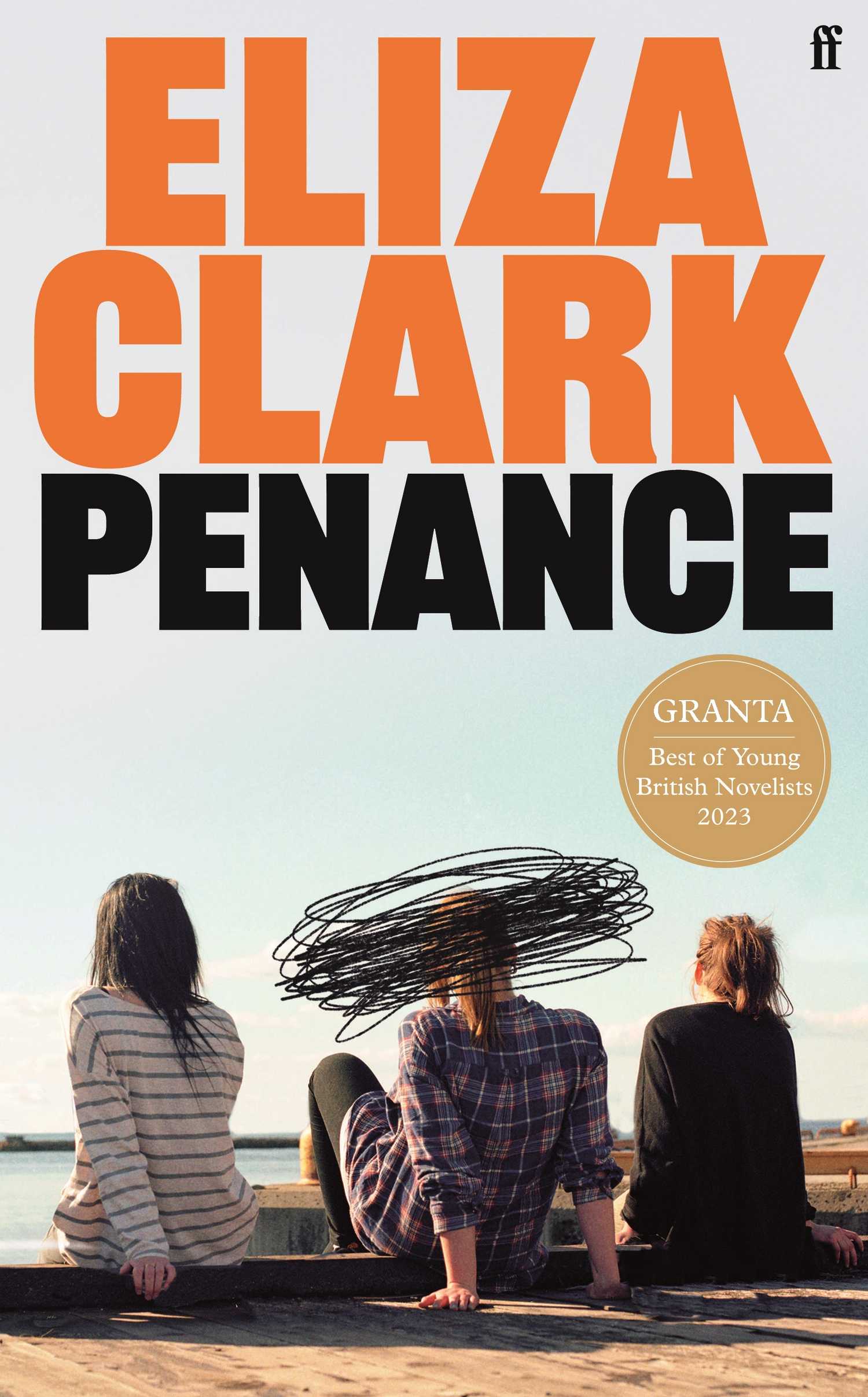 The cover of Penance by Eliza Clark shows three people sitting on the beach with one's head scratched out in pen