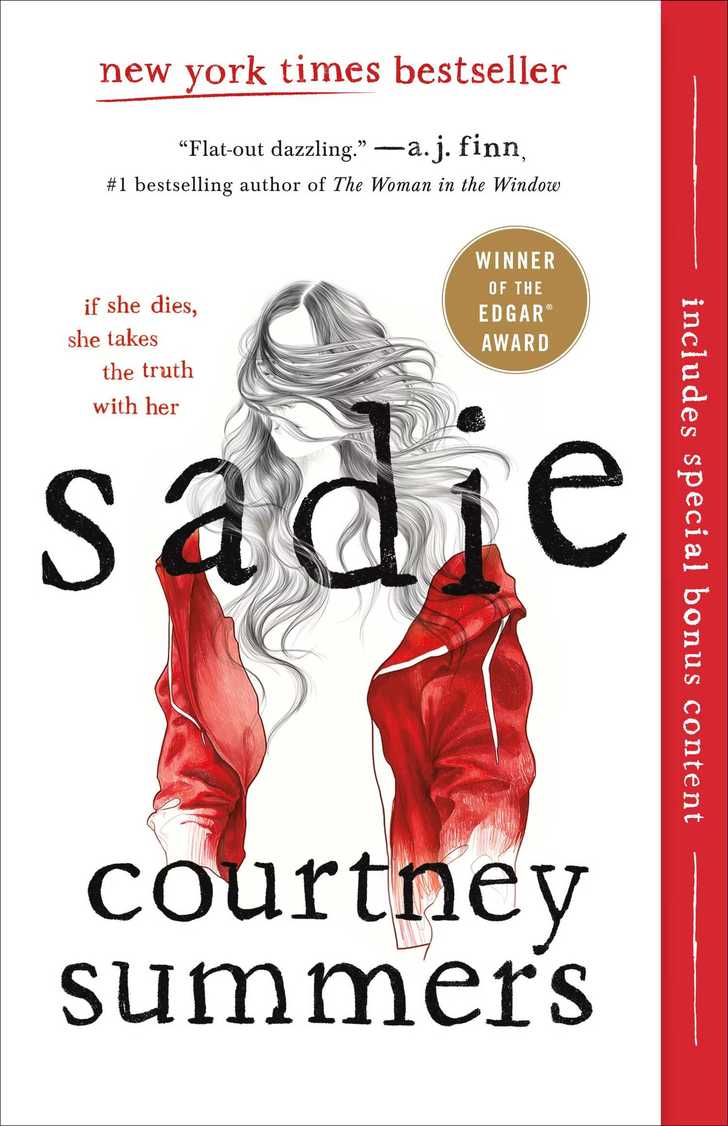 The cover of Sadie by Courtney Summers shows a woman in a red jacked with long hair blowing across her face