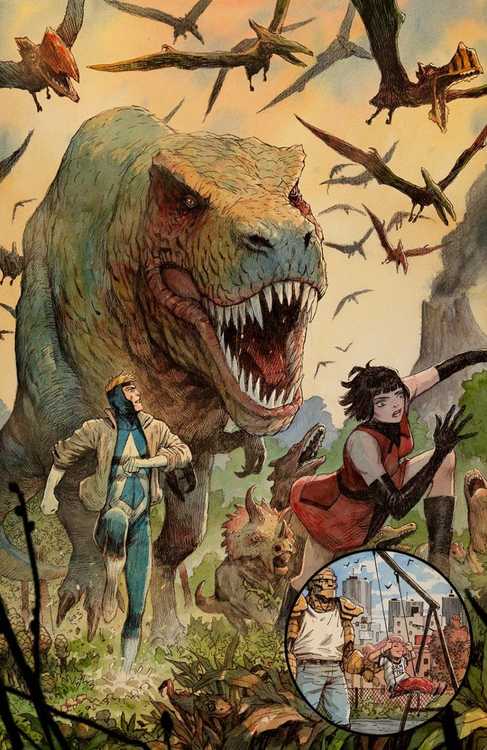 The Doom Patrol is followed by a giant T-Rex
