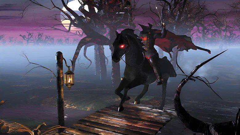 The Headless Horseman riding across a bridge in The Night of the Headless Horseman.