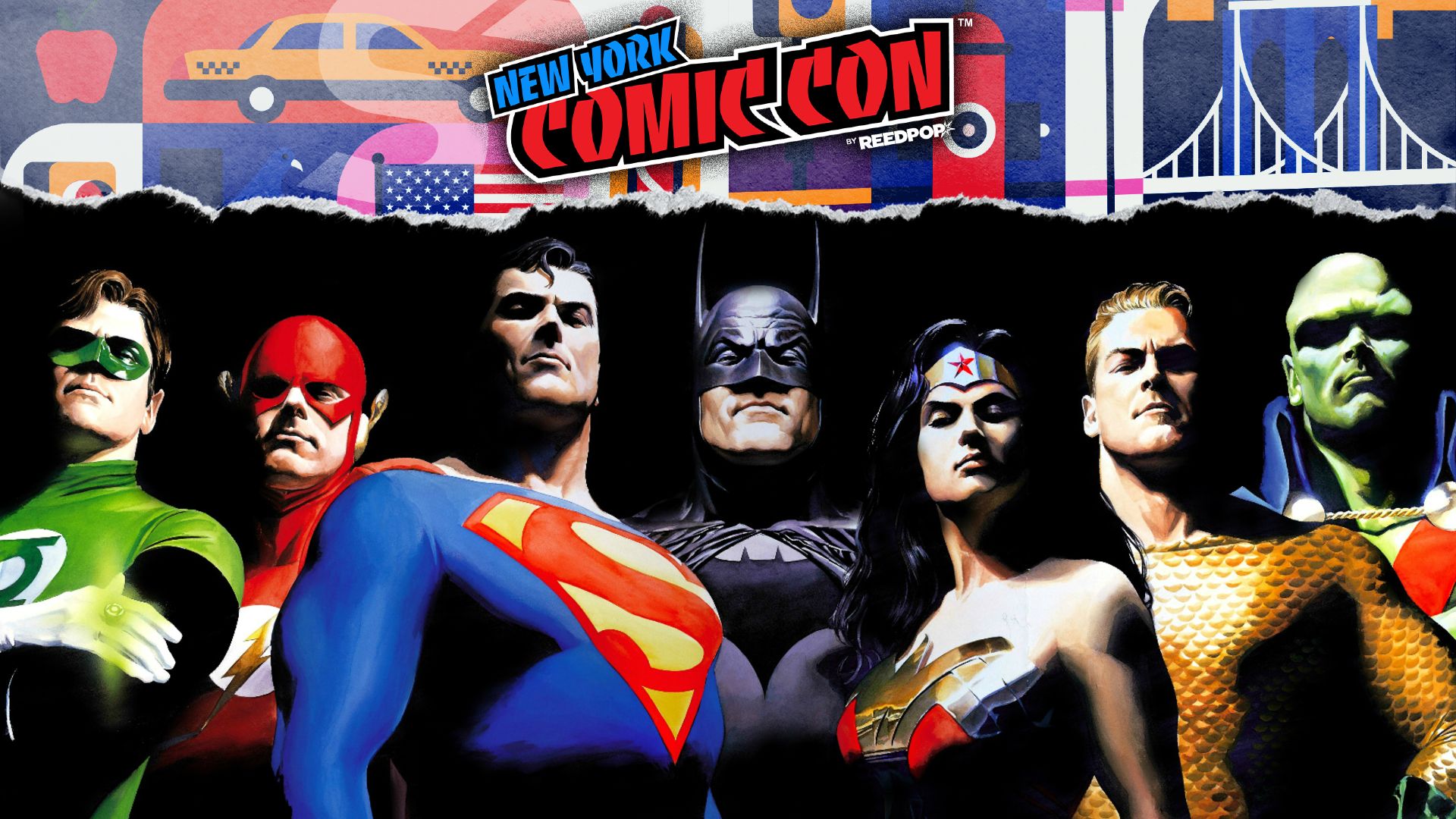 The Justice League assembles in DC artwork by Alex Ross under a New York Comic-Con 2026 banner