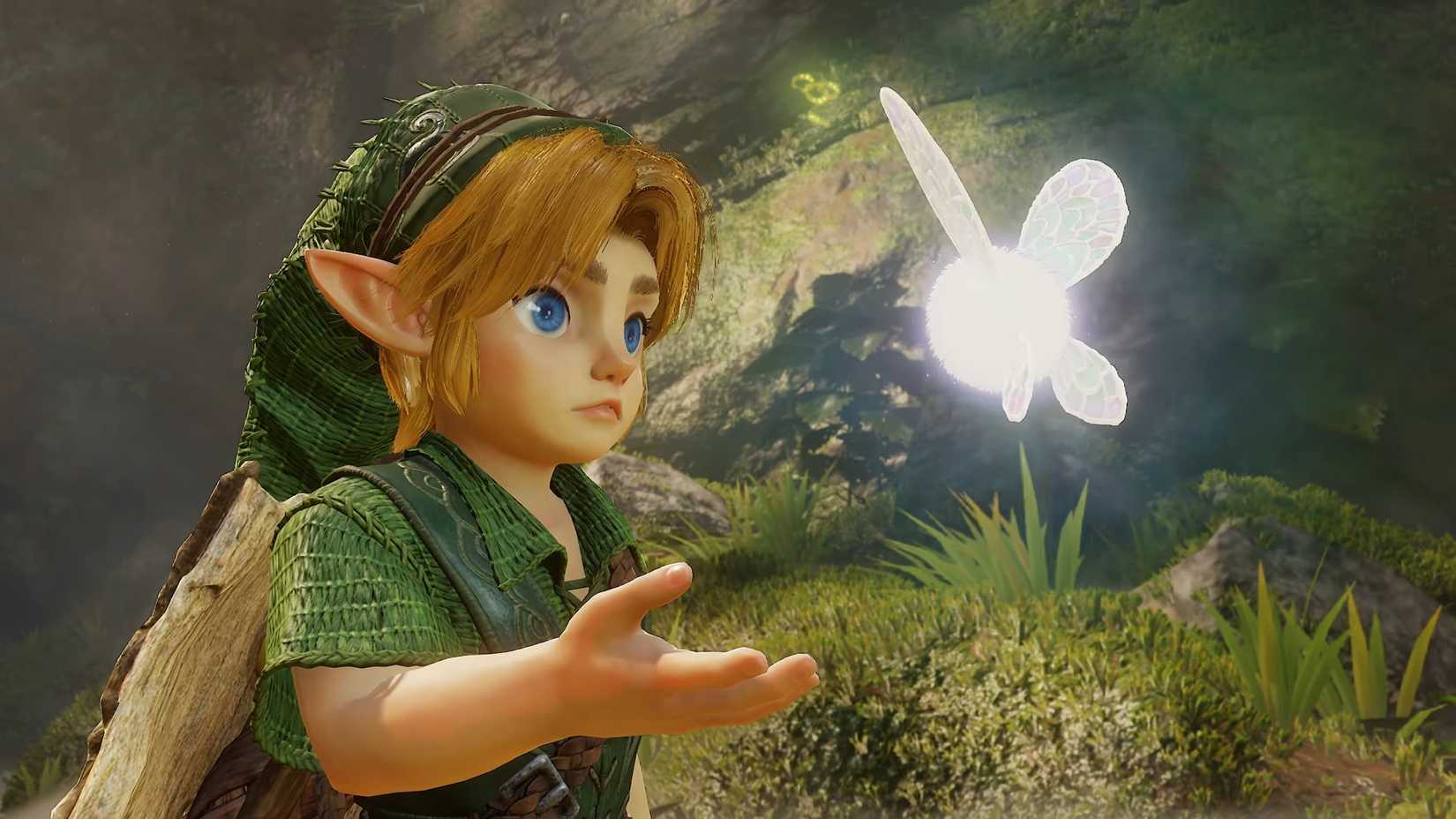 Link holds his hand up for Navi in The Legend of Zelda: Ocarina of Time Remake.
